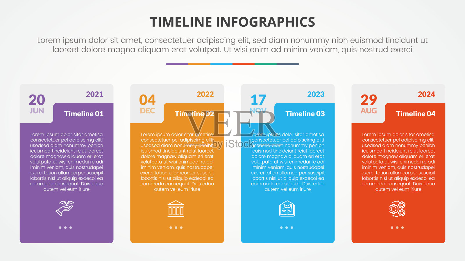 时间轴里程碑信息图表概念与大盒子创意卡形状的幻灯片演示与4点列表插画图片素材