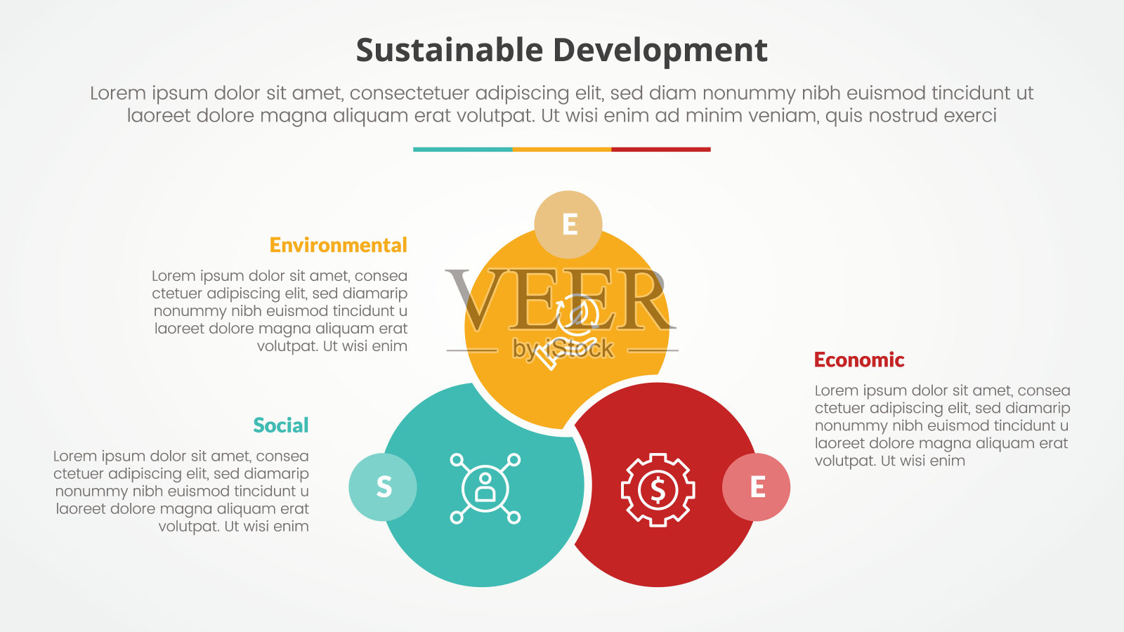 SEE可持续发展信息图表概念的幻灯片演示与大圆venn链接的联合徽章对面的3点列表与平面风格插画图片素材