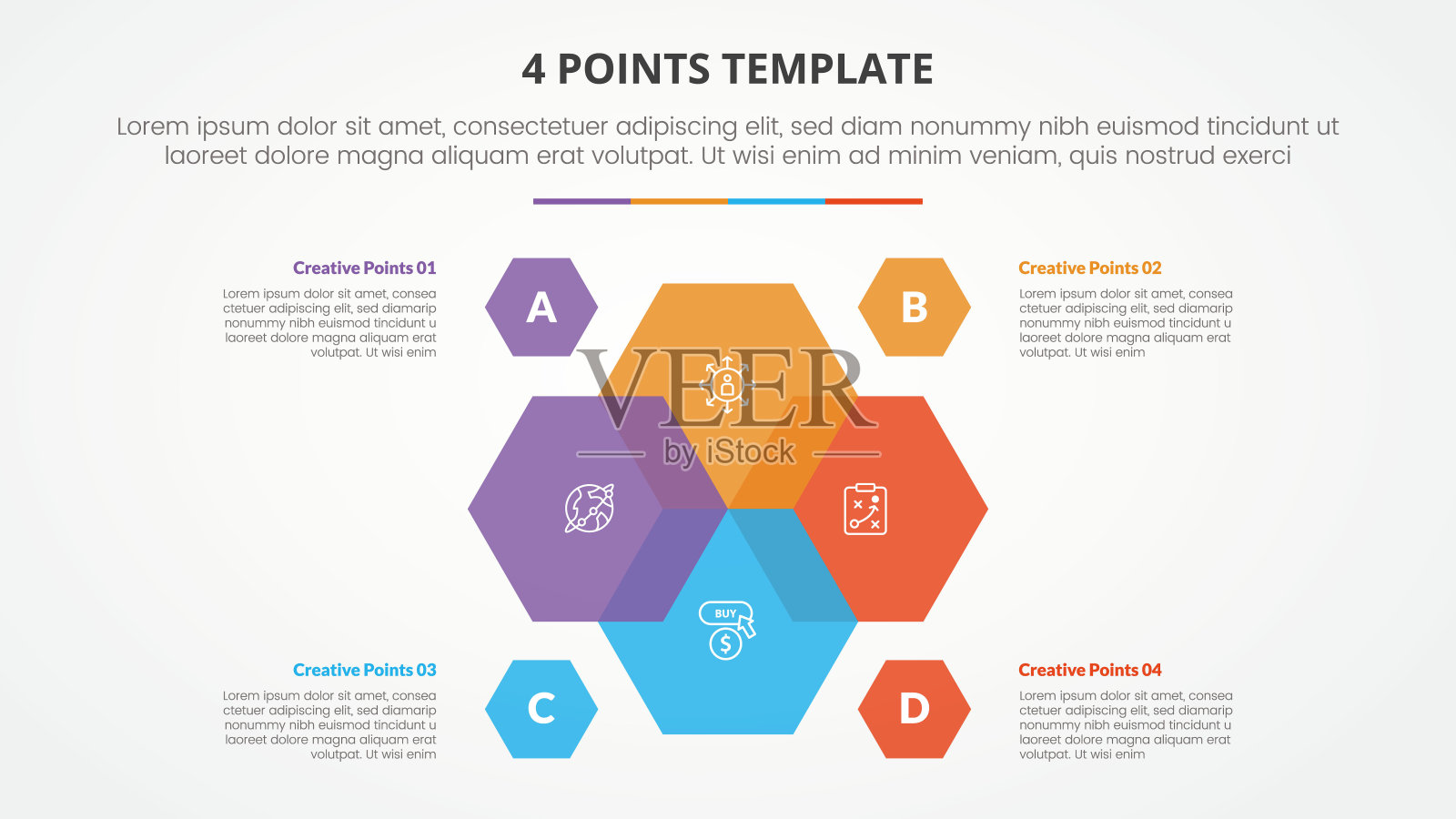 4点舞台列表模板信息图表概念幻灯片演示与维恩混合六边形循环圆形与平面风格插画图片素材