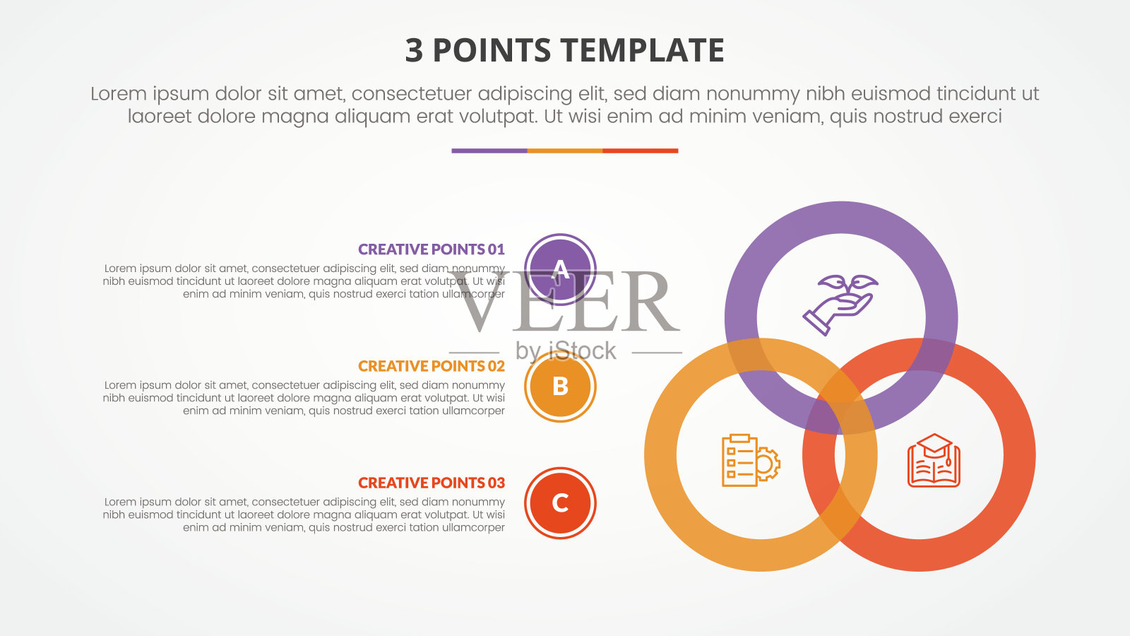 3点阶段模板信息图表概念幻灯片演示与轮廓圆链接连接周期与3点列表与平面风格插画图片素材