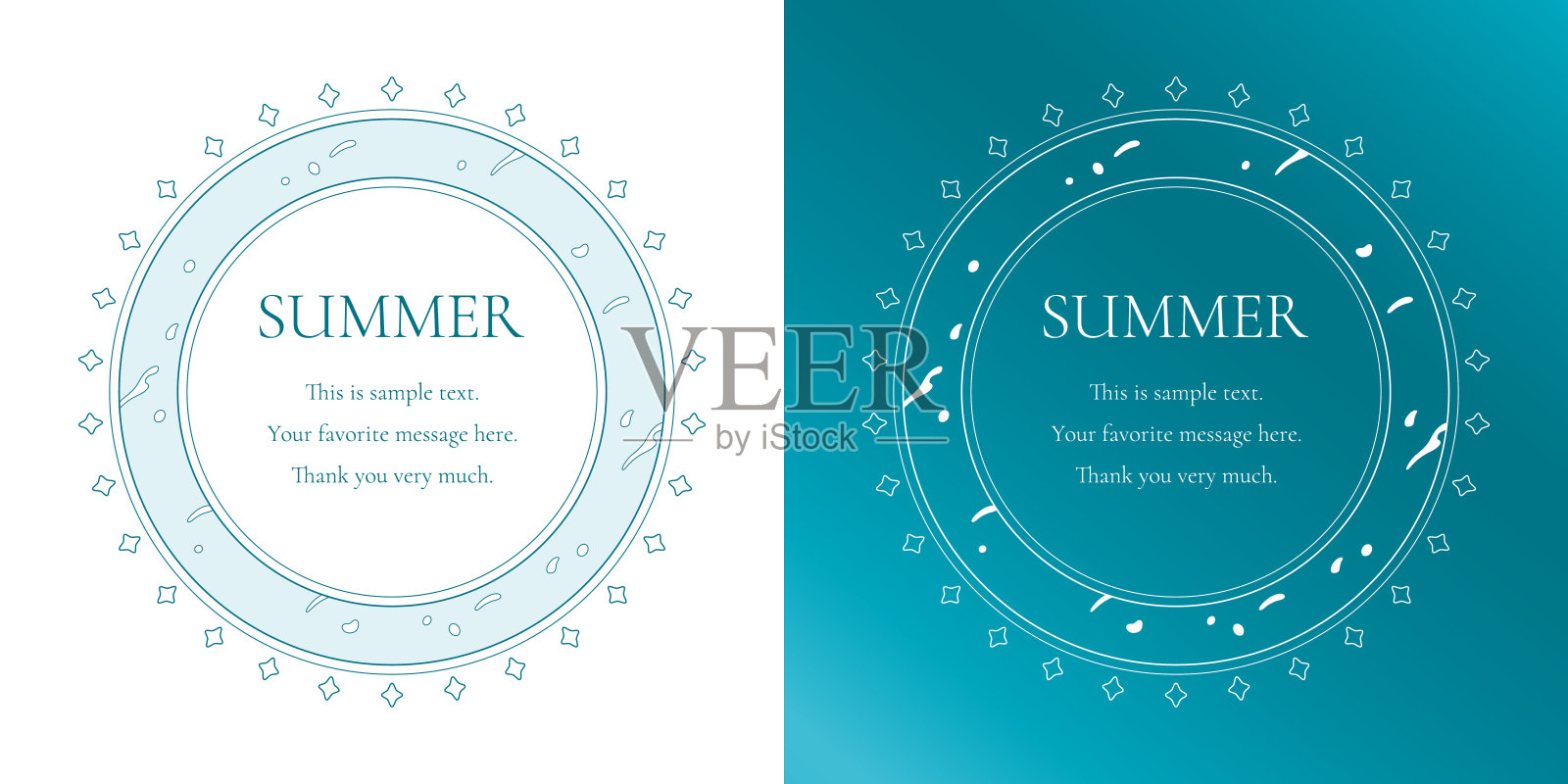 一套夏季装饰框架，以太阳、大海和天空为特色。插画图片素材