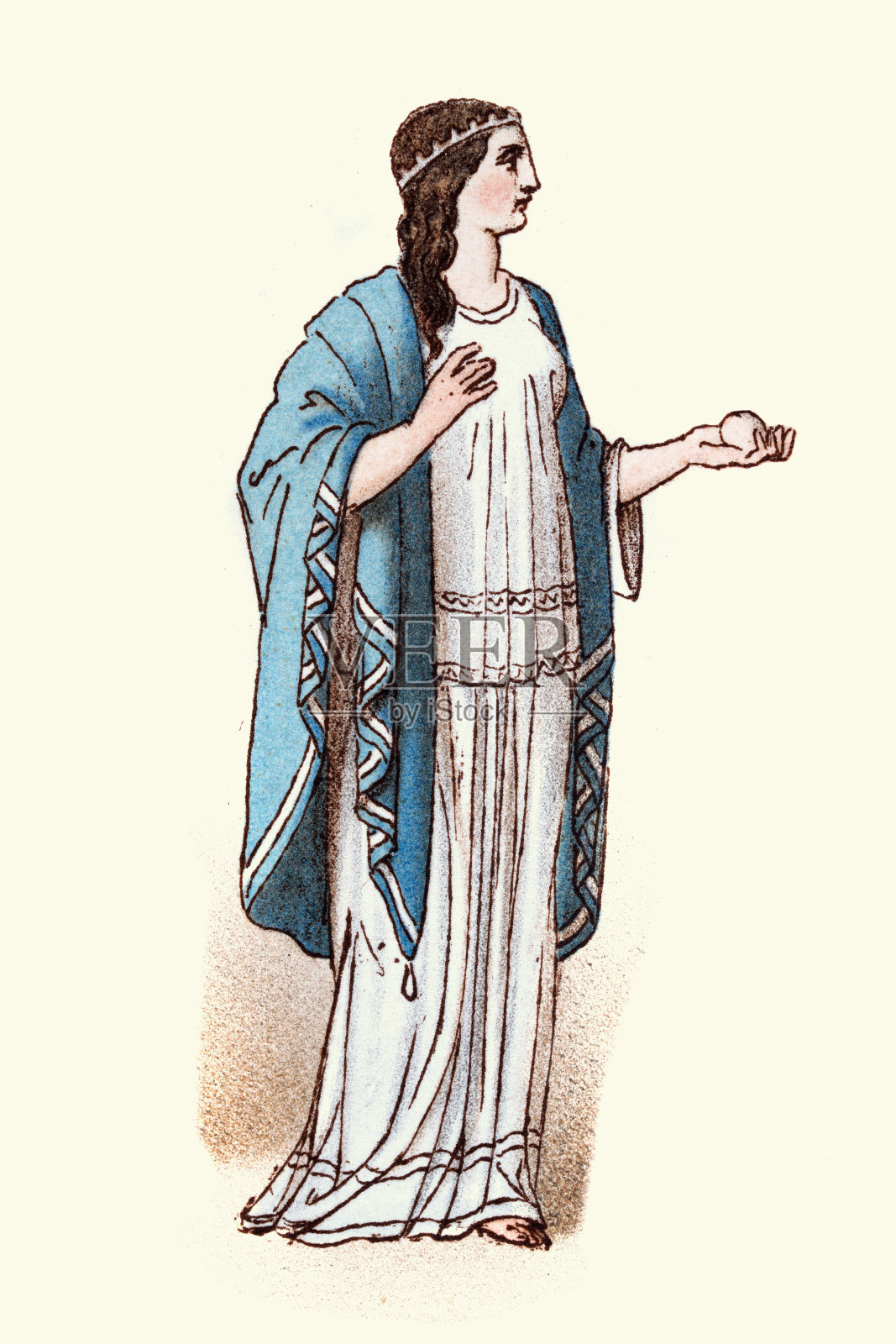 古希腊服饰时尚，希腊舞蹈家，年轻女子，蓝色披肩白色石棉插画图片素材