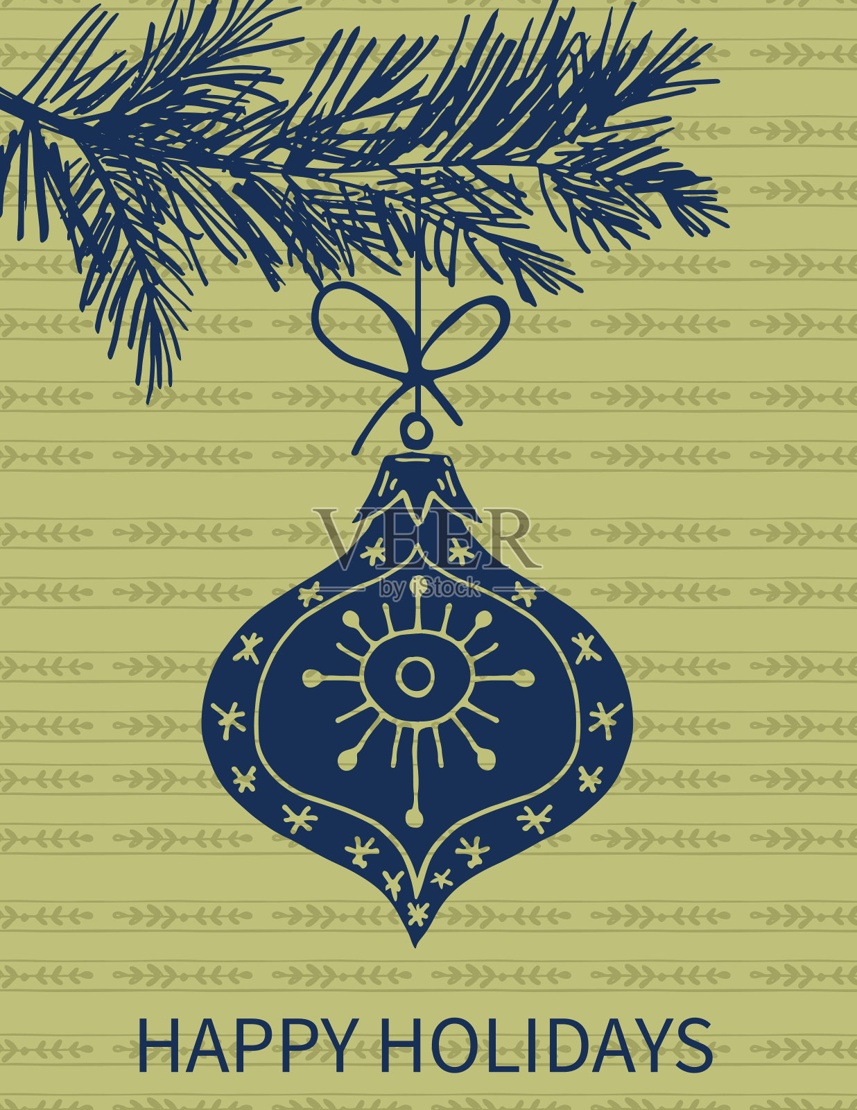 圣诞贺卡手绘装饰挂在树枝上插画图片素材