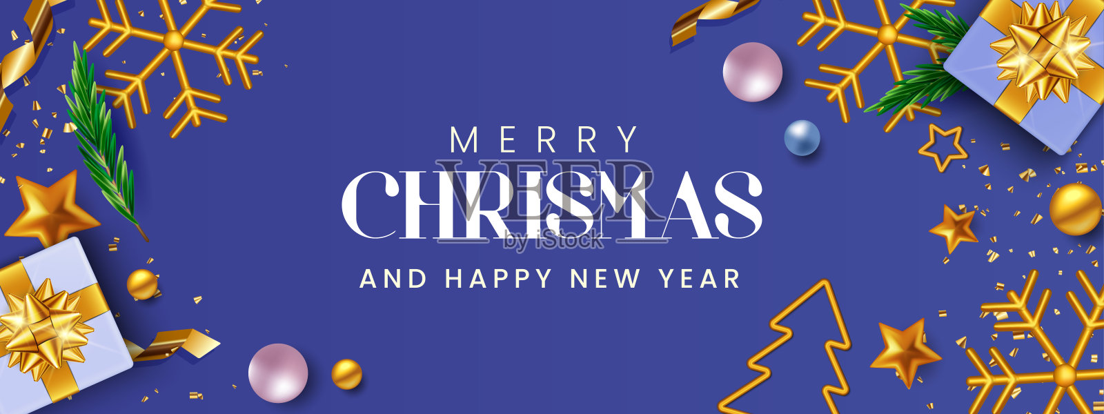 圣诞快乐，新年快乐与黄金饰品矢量插图。圣诞横幅模板插画图片素材