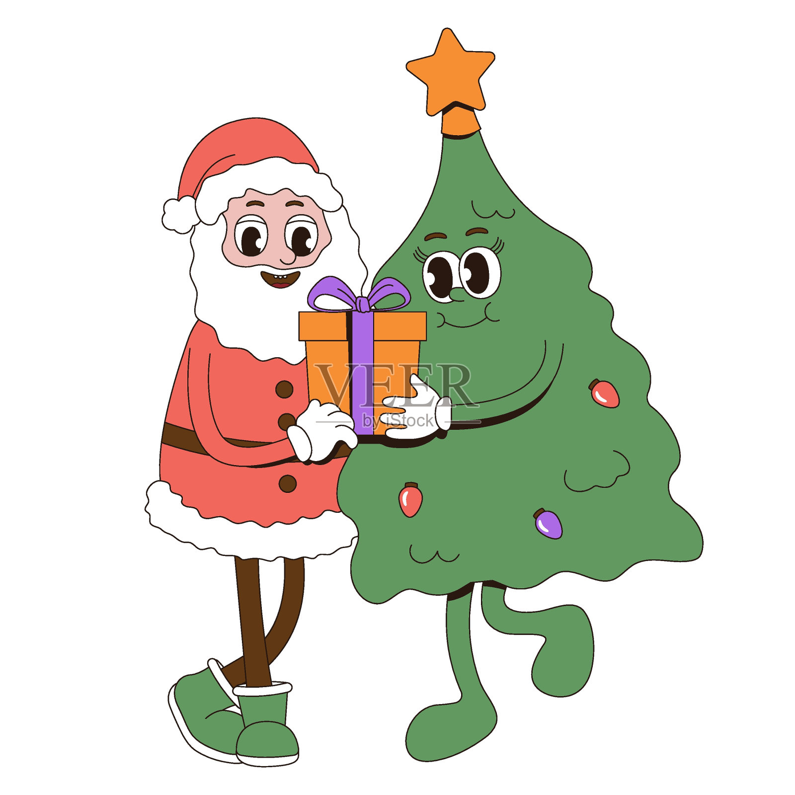 可爱的圣诞树人物和圣诞老人。插图在时尚的复古风格插画图片素材