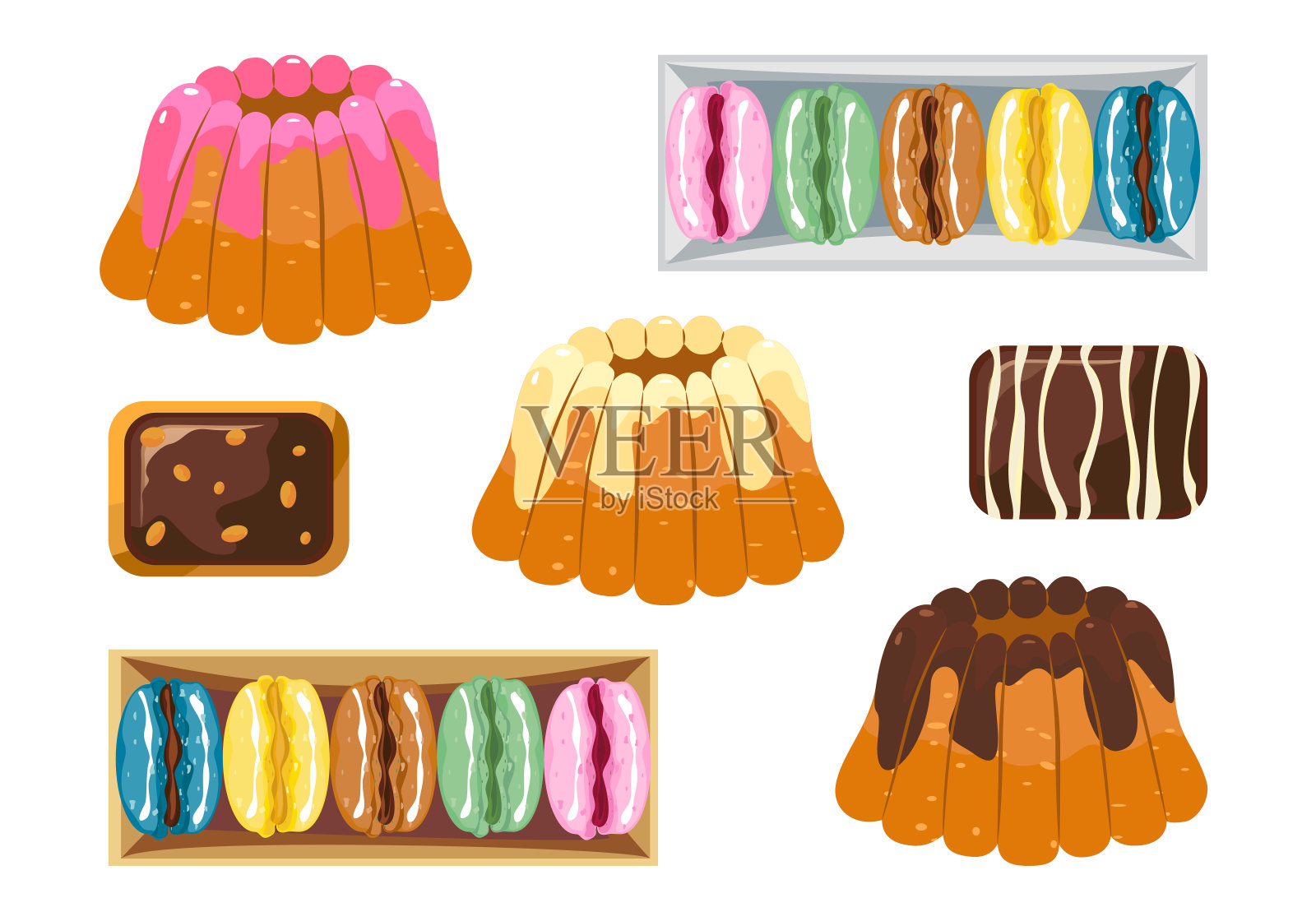 面包店小吃，甜点，巧克力饼干，迷你蛋糕，马卡龙。美味。矢量插图孤立在一个白色的背景。插画图片素材