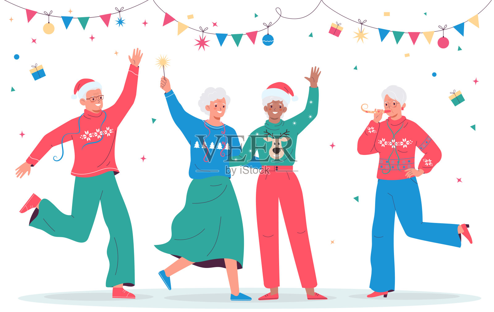 圣诞晚会上快乐的老人。快乐的聚会插画图片素材