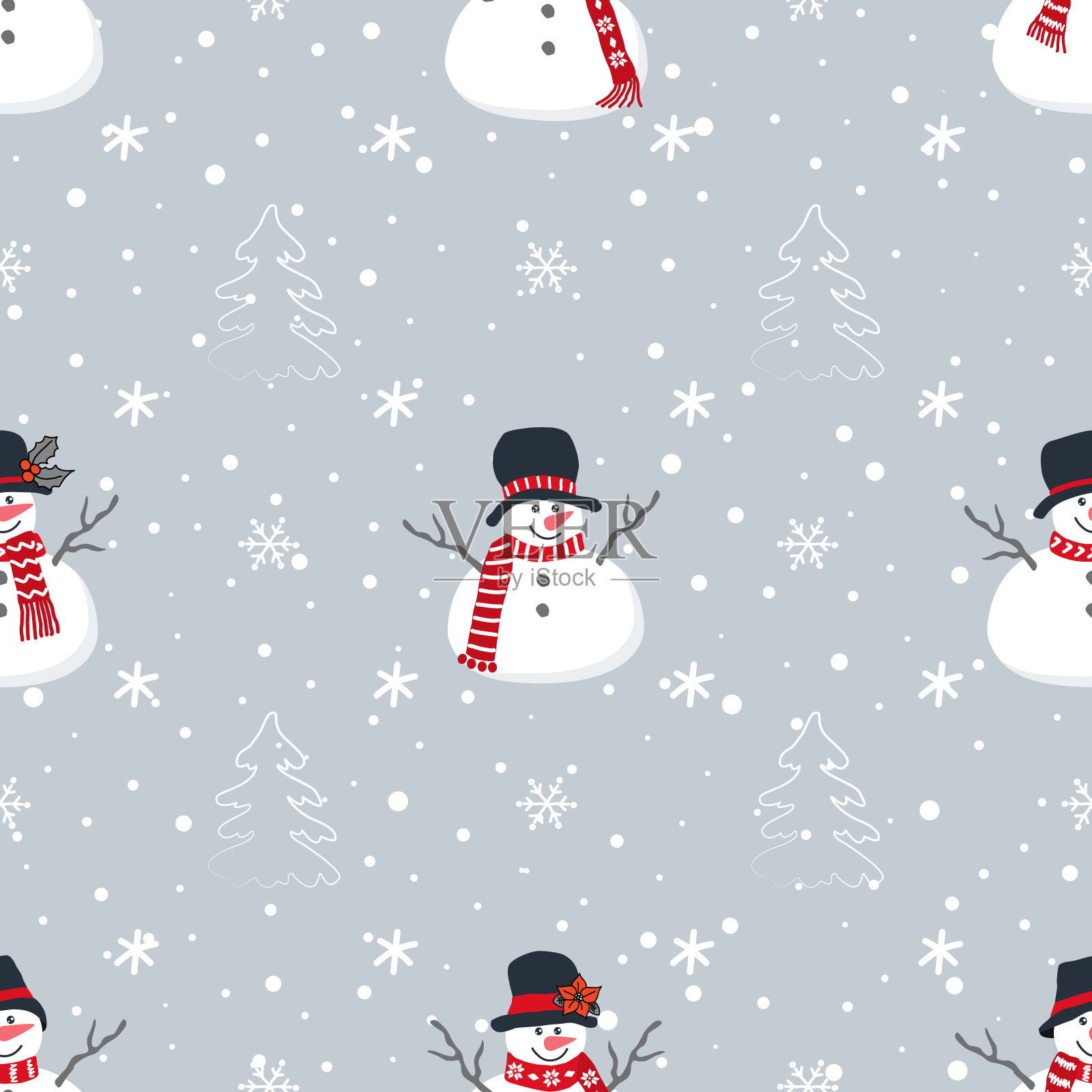 圣诞节的背景。无缝冬季图案与有趣的雪人，冷杉树和雪花插画图片素材