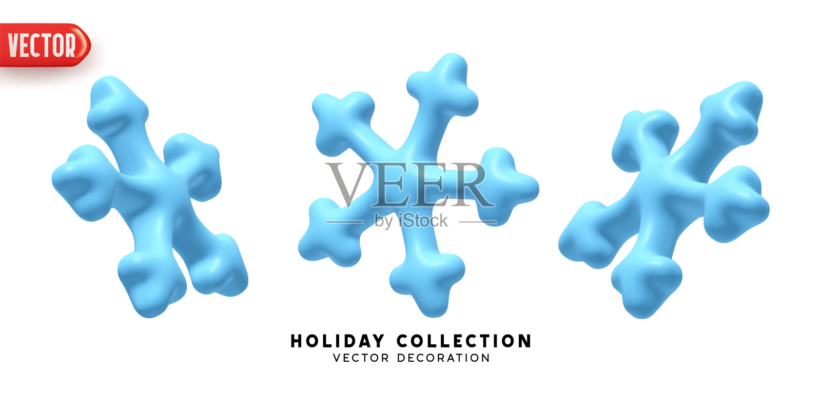 一套现实的3d蓝色雪花。装饰冬季节日元素的设计体积雪花。矢量图插画图片素材