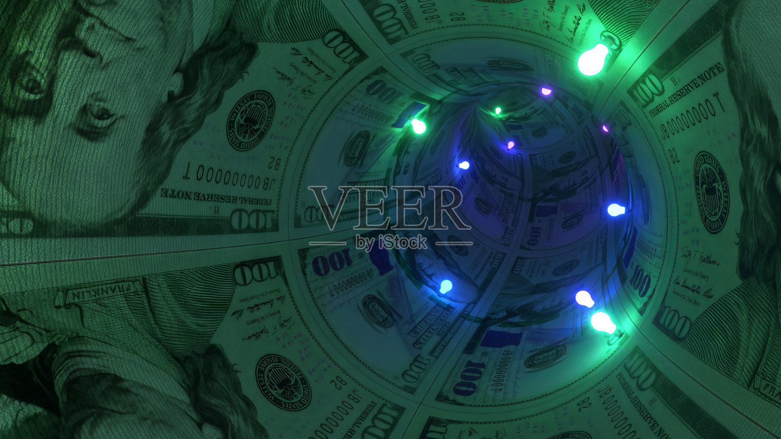 从第一个人逃过金钱隧道。霓虹绿蓝花环。美元3d插图照片摄影图片