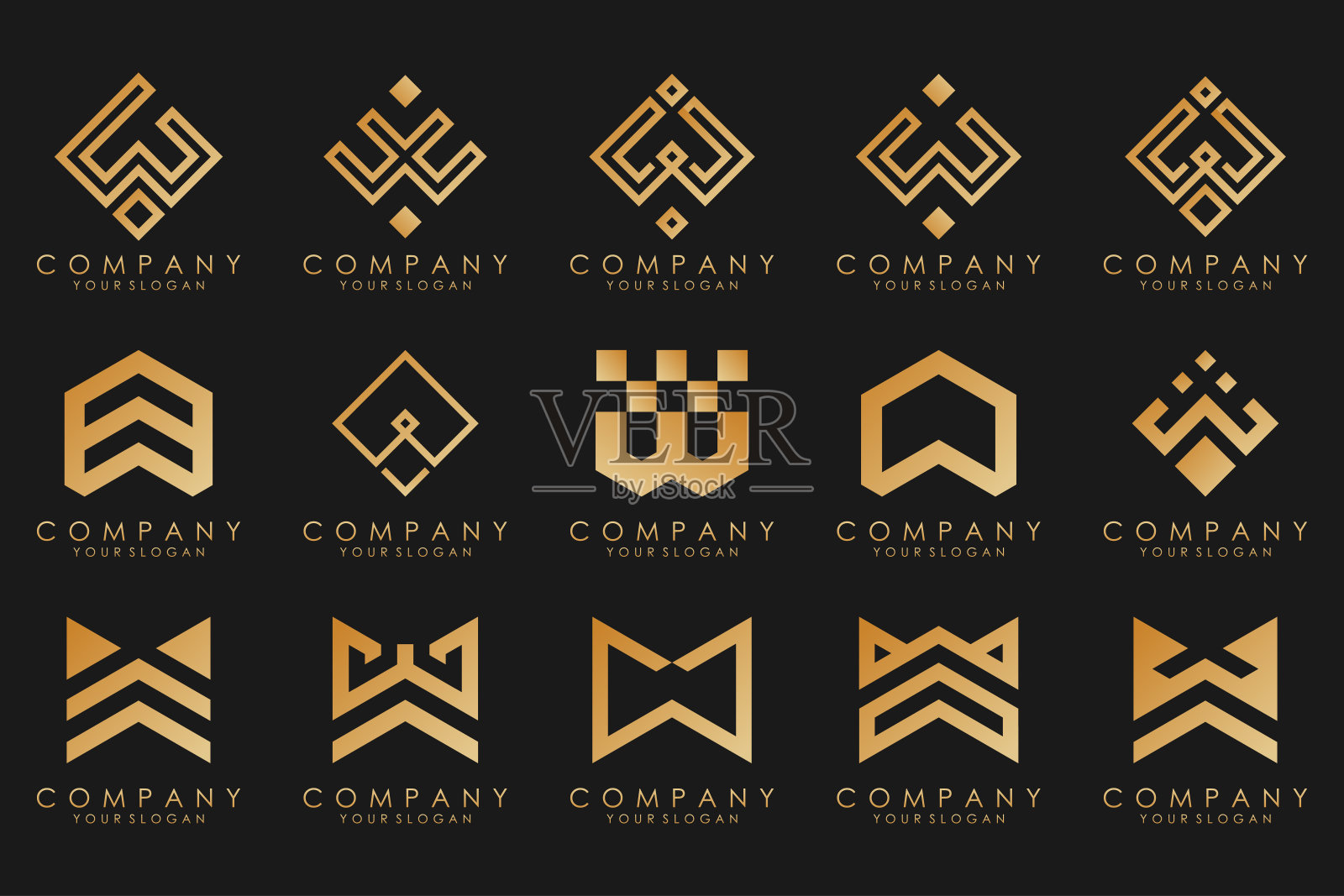 抽象集合以字母W为标志设计。创意设计标志W与金色。插画图片素材