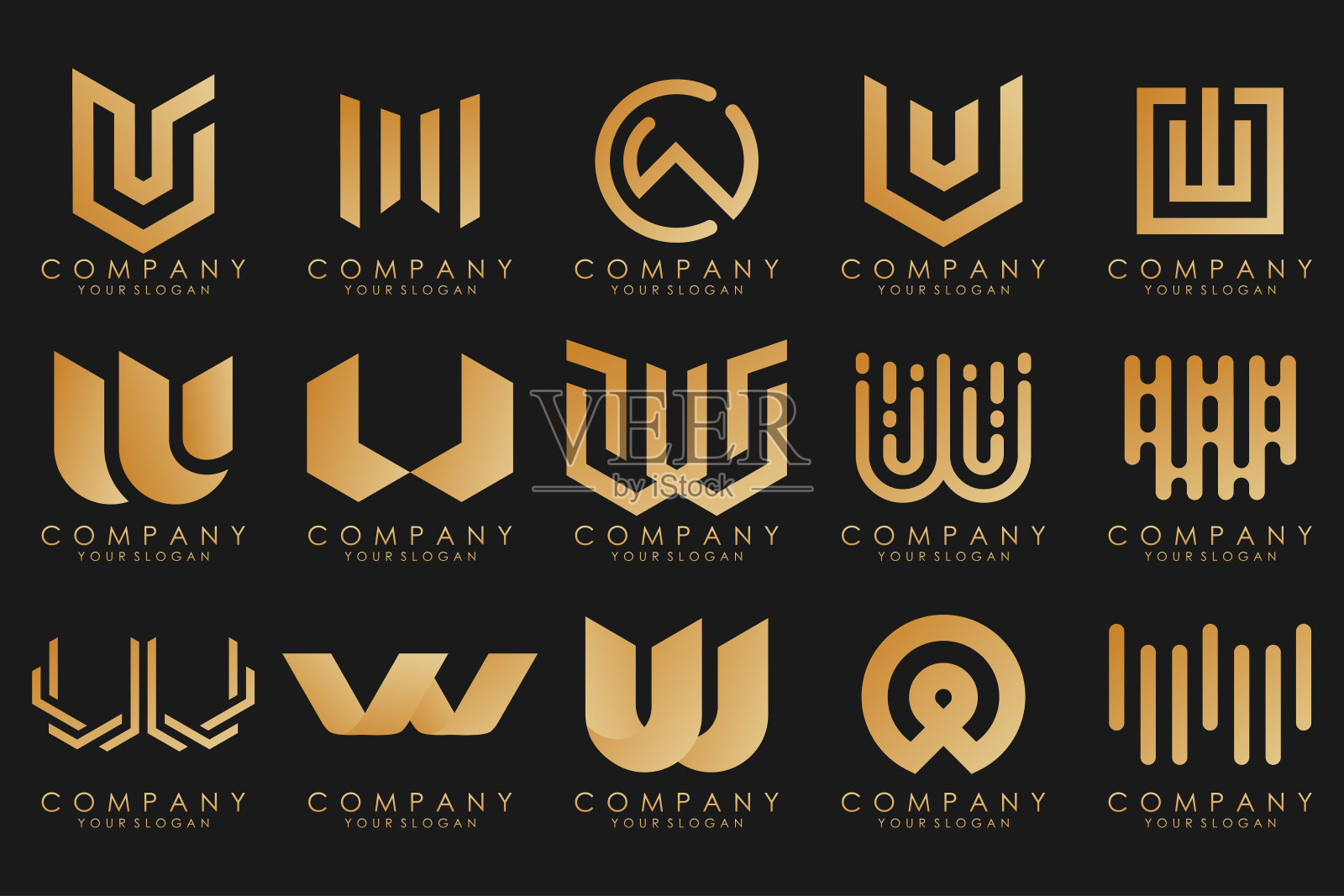 抽象集合以字母W为标志设计。创意设计标志W与金色。插画图片素材