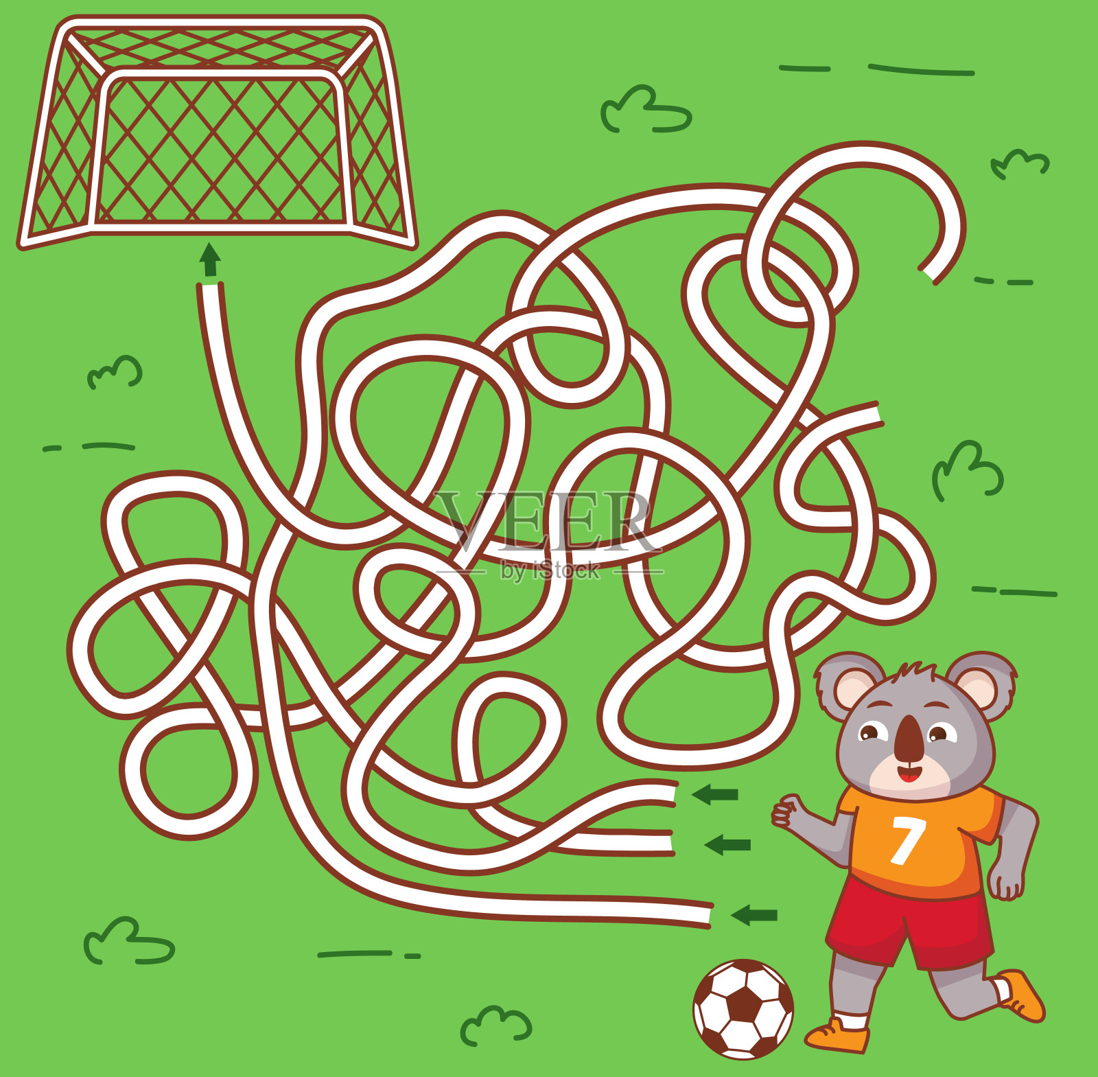 一个考拉熊迷宫足球游戏。进一球。为球绘制路径。可爱的动物。插画图片素材
