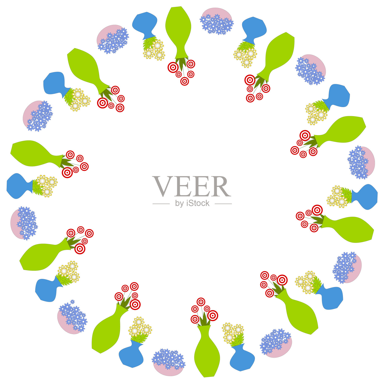 圆形画框，花瓶里插着花束。插画图片素材