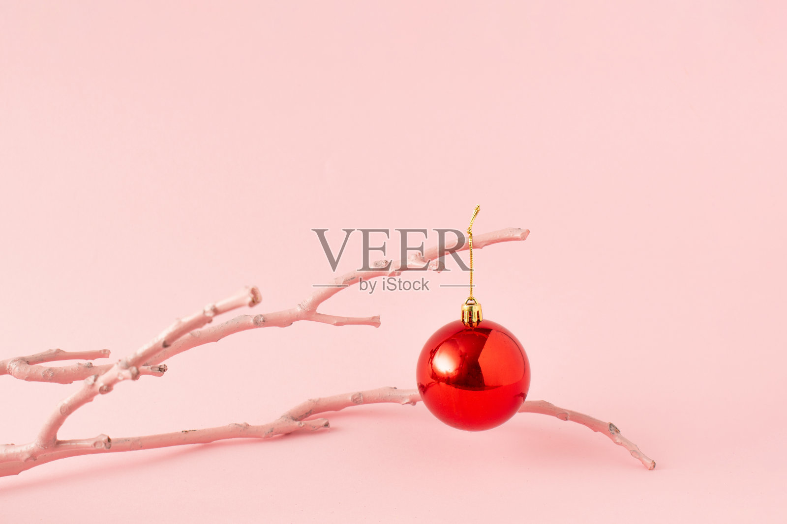 漆成粉红色的树枝与闪闪发光的红色装饰球孤立在柔和的粉红色背景。圣诞装饰理念。照片摄影图片