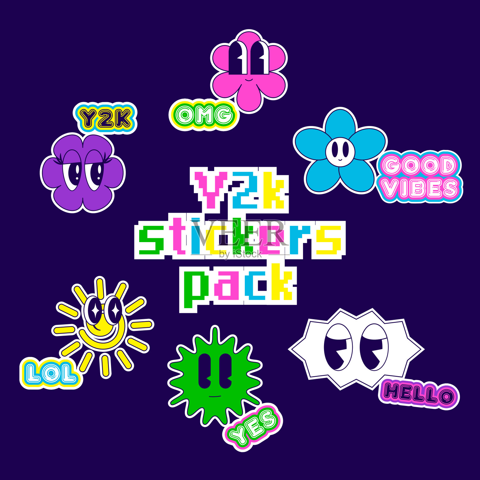 一套千年虫笑脸贴纸包。补丁在时尚的复古和复古的未来主义风格。现代90 - 21世纪的审美。用于海报设计的Groovy元素。矢量艺术插画图片素材