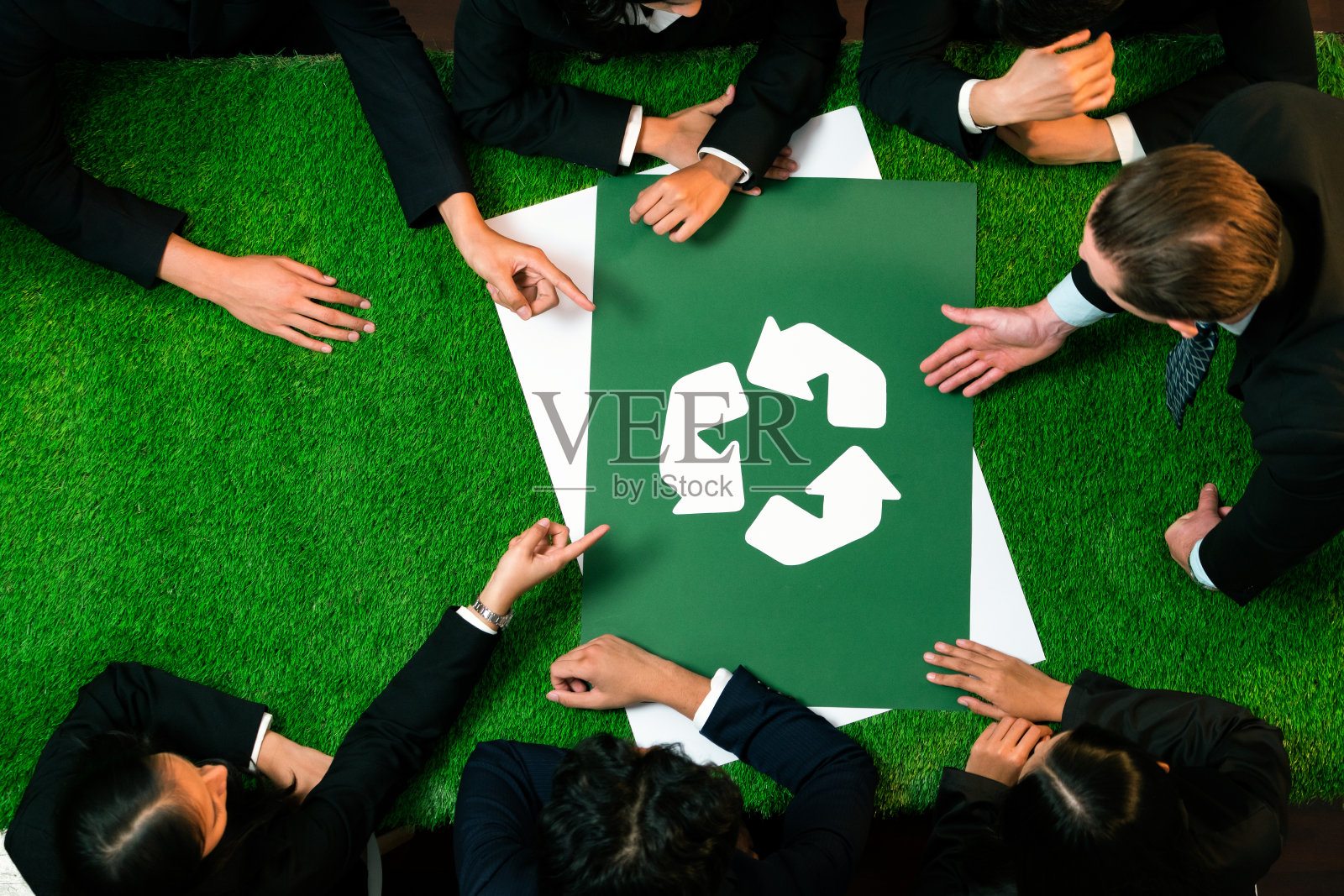 会议桌上的顶视图全景横幅回收图标。古雅的照片摄影图片