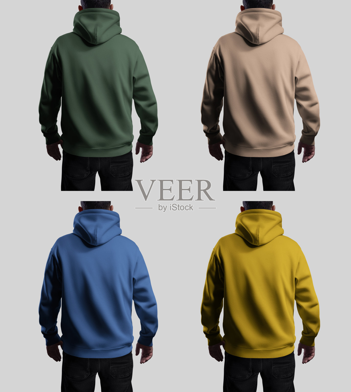 模板帽衫超大的一个男人，明亮的颜色的衣服，背面看，孤立的背景与阴影。集照片摄影图片