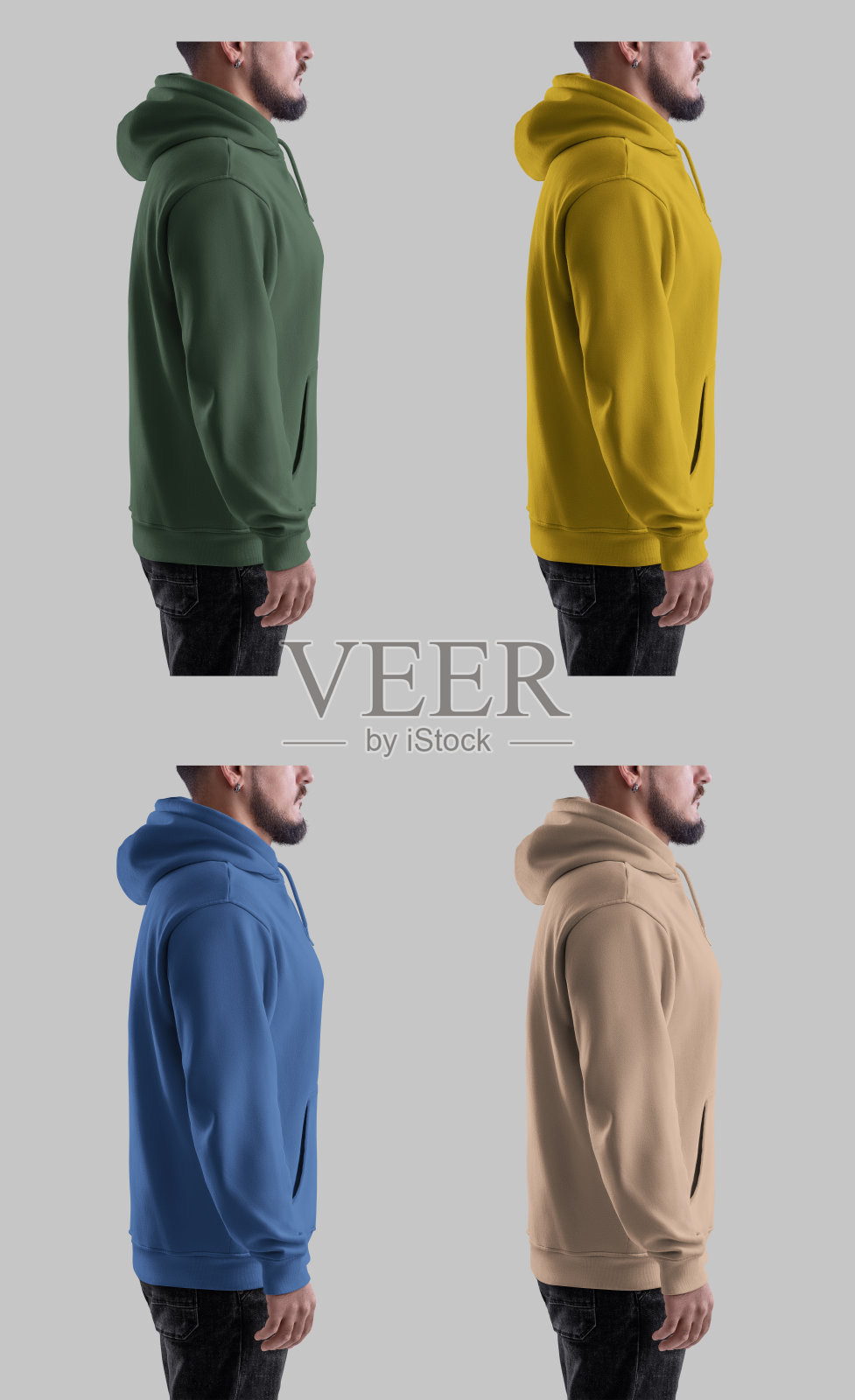 大号连帽衫模型，有口袋，领带，标签，戴耳环的大胡子男人，侧视图。集照片摄影图片