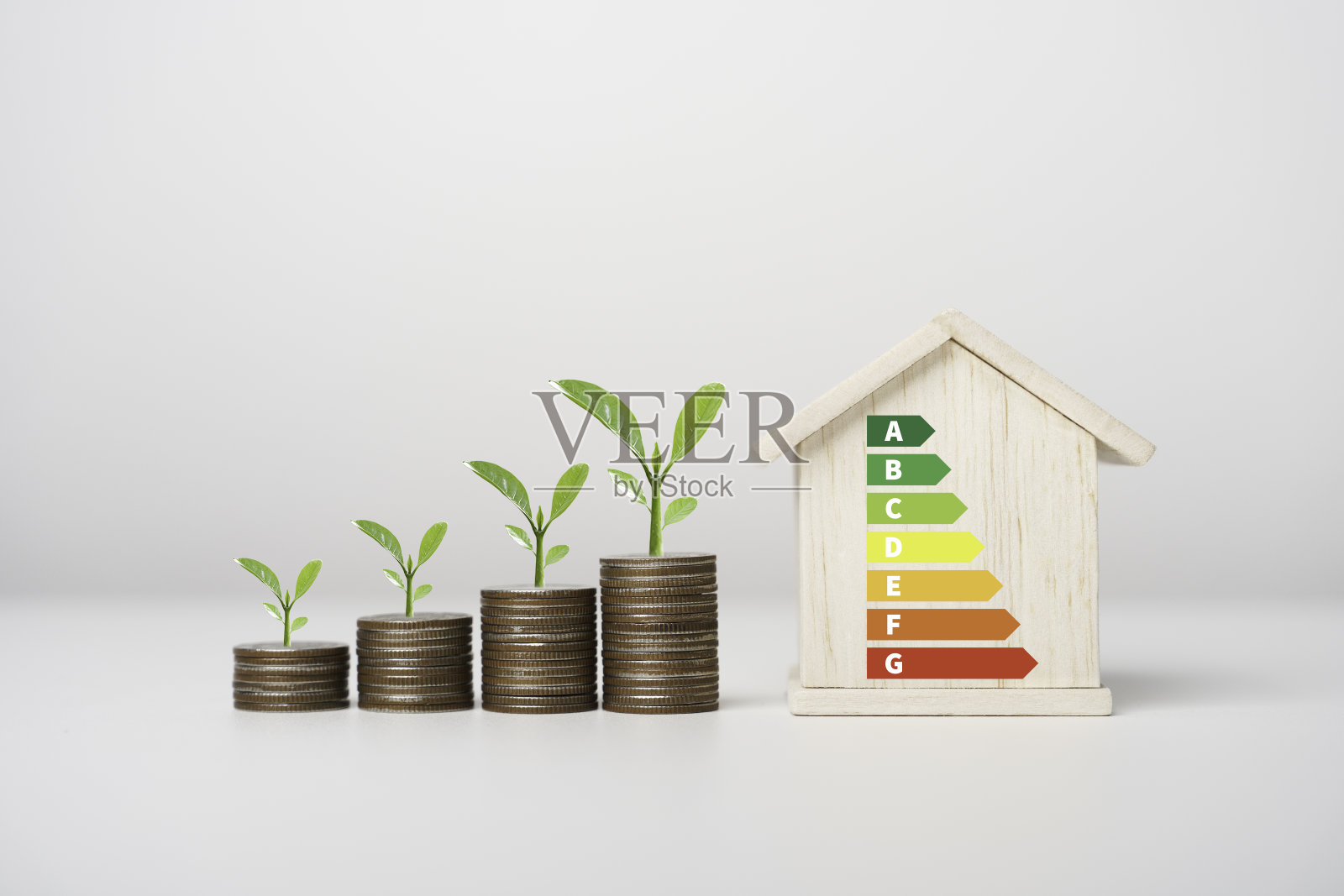 房屋节能，节能等级等级概念，生态家居装修节约成本。低消耗生态房。绿色建筑可持续发展理念照片摄影图片