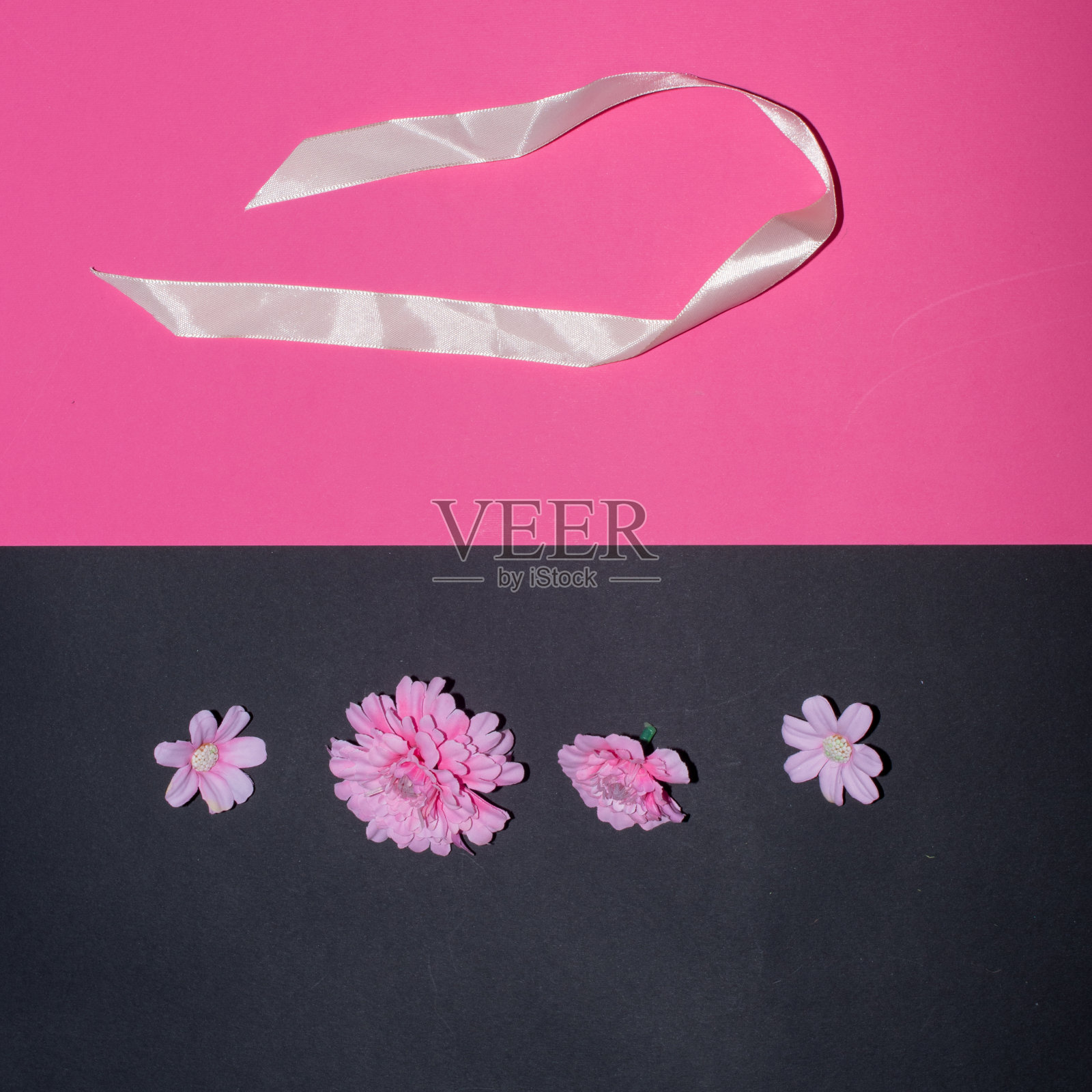 创意的夏季公寓在粉红色和黑色的背景上铺设自然花朵和丝带的概念。照片摄影图片