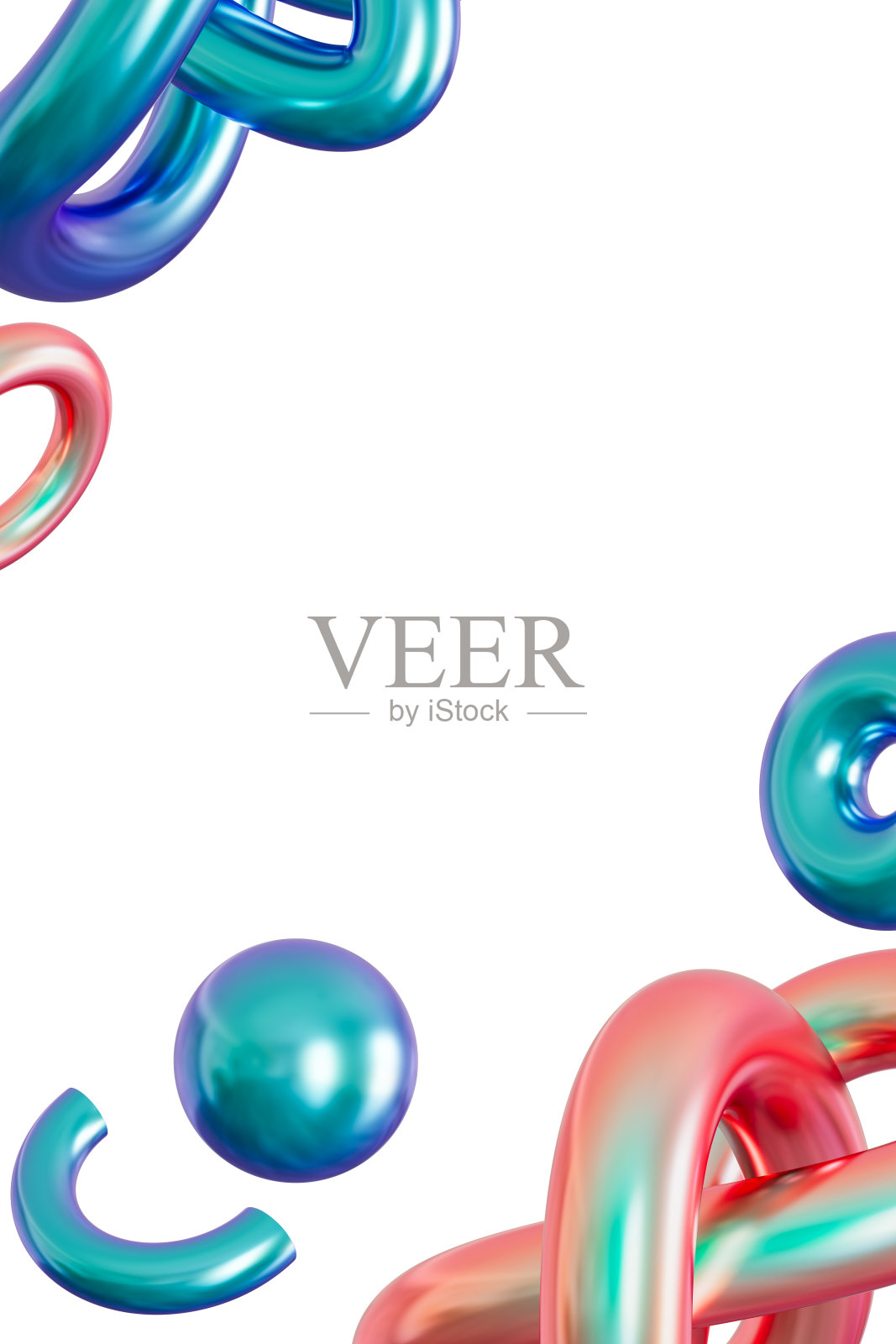 有趣的框架与抽象全息粉红色和蓝色3D形状，孤立在白色背景。彩虹色的颜色。现代垂直边框，y2k风格。复制中间的空间。颜色渐变。3 d。照片摄影图片