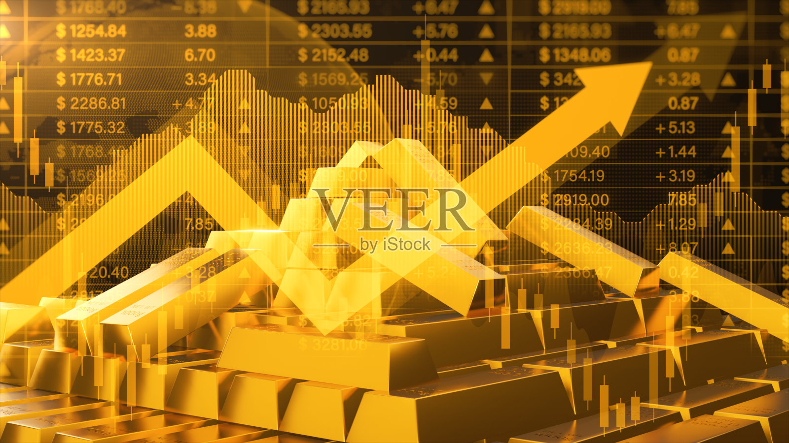 上升趋势的黄金投资背景，金条的数字插图与覆盖股票市场图表代表财富和投资策略。三维渲染照片摄影图片