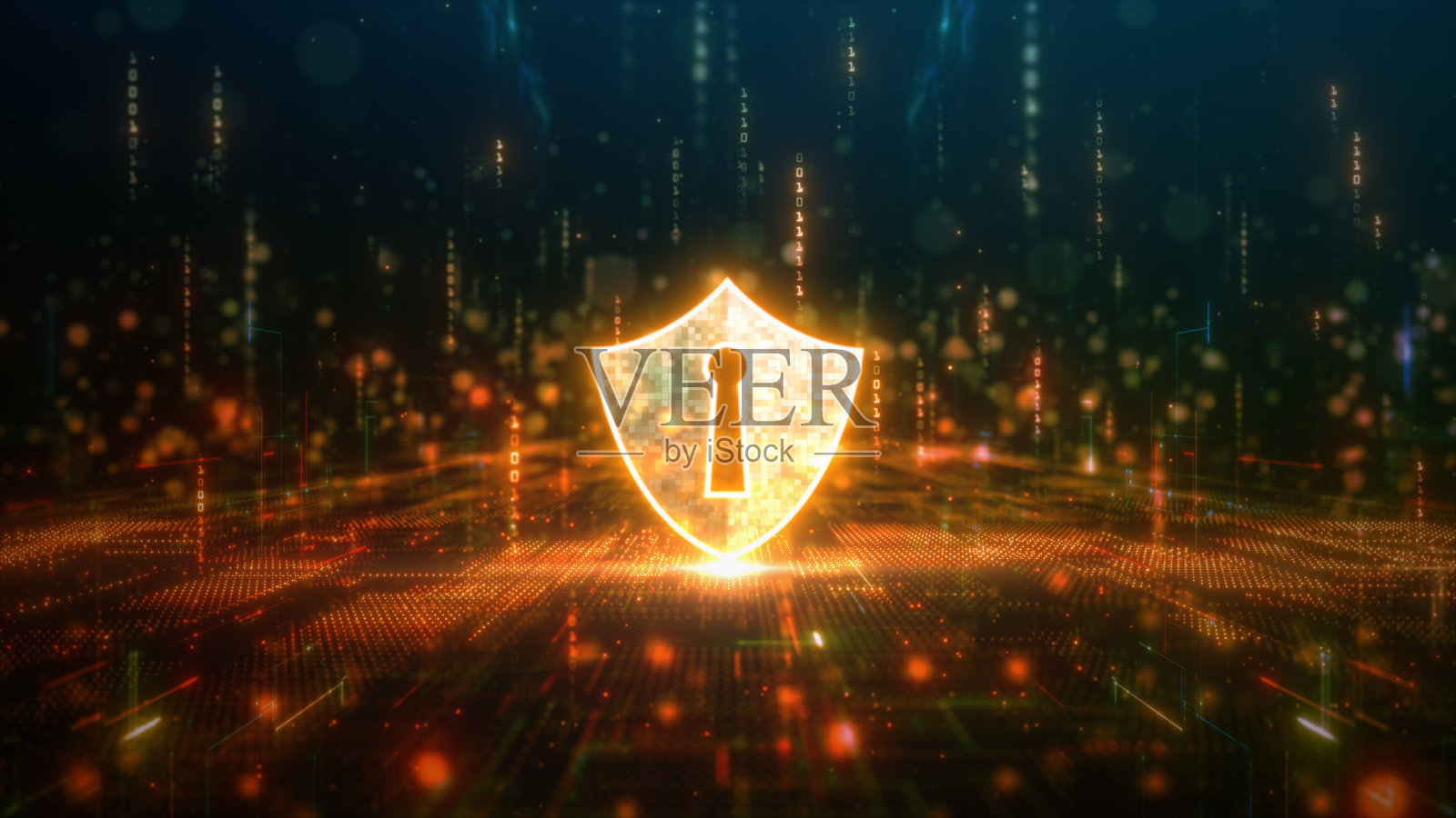 数字网络背景下的网络安全盾牌，在复杂的数字网络上发光的网络安全盾牌符号，代表数据保护和互联网安全。三维渲染照片摄影图片