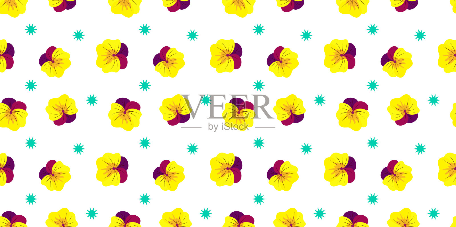 白色背景上的黄色紫罗兰无缝图案。用于包装设计、面料、背景、壁纸。矢量图形插画图片素材