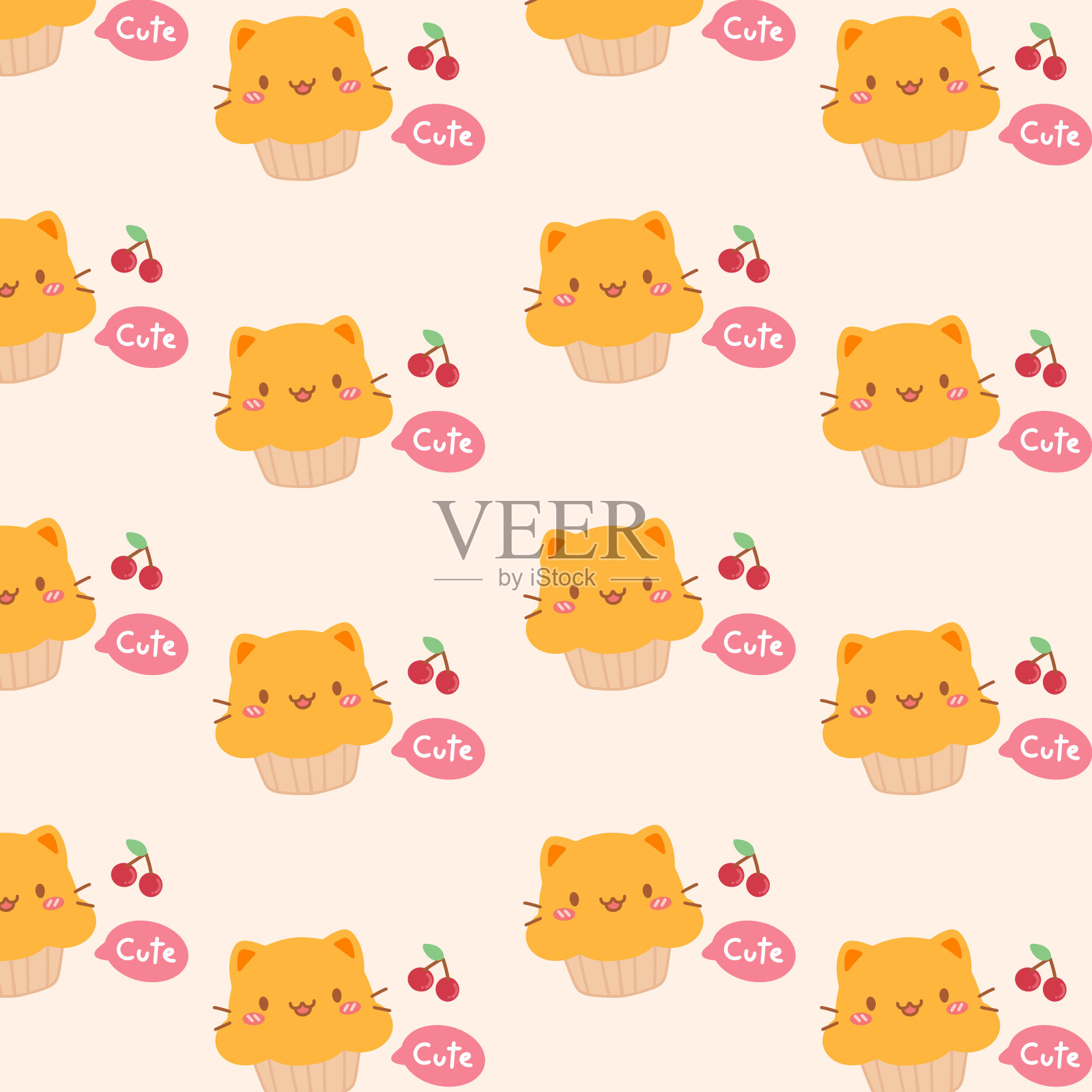 可爱的图案与甜猫蛋糕樱桃在软橙色背景插画图片素材