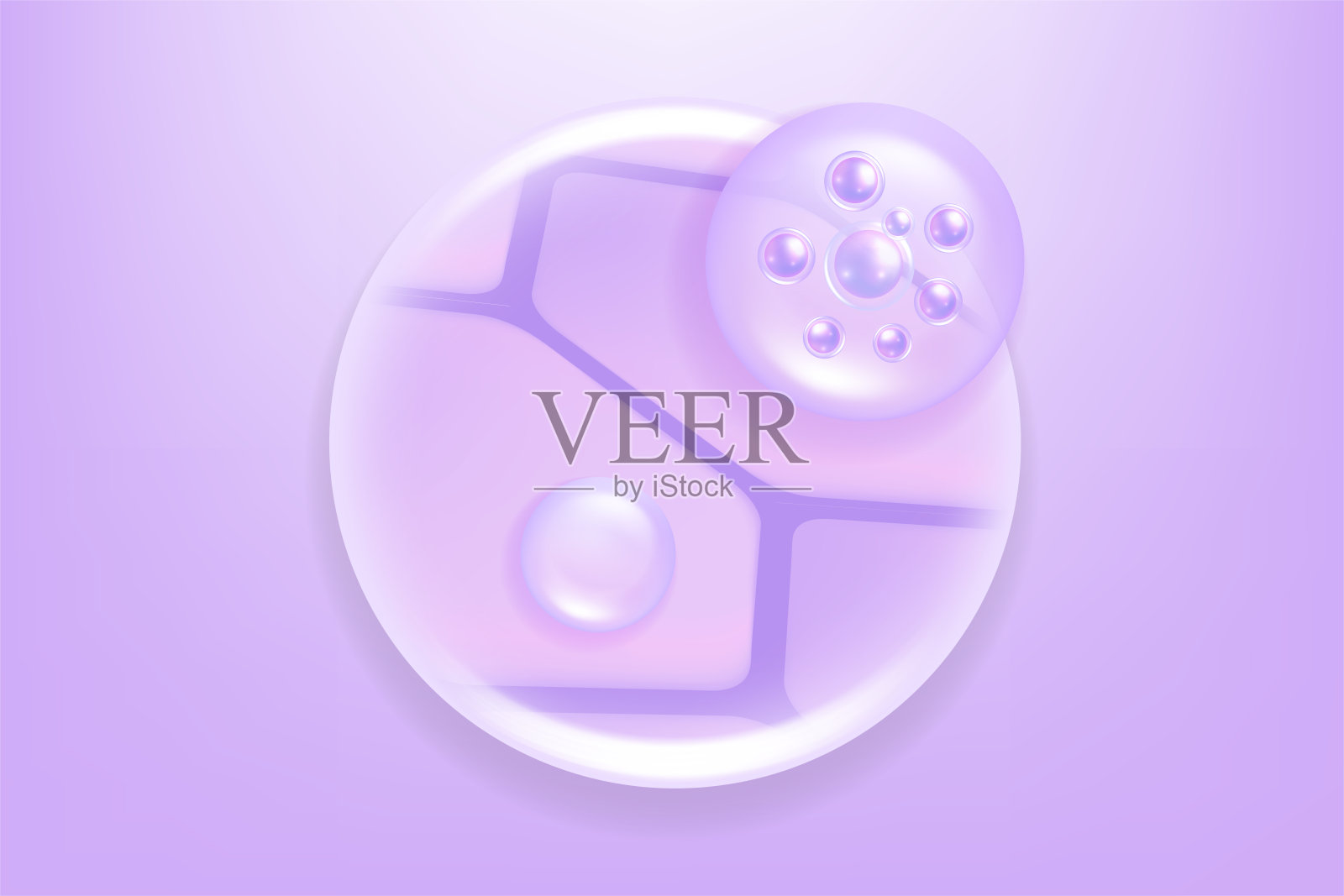 透明质酸和烟酰胺头发和皮肤的解决方案广告，紫色胶原蛋白血清滴入皮肤细胞与化妆品广告背景准备使用，插图矢量。插画图片素材