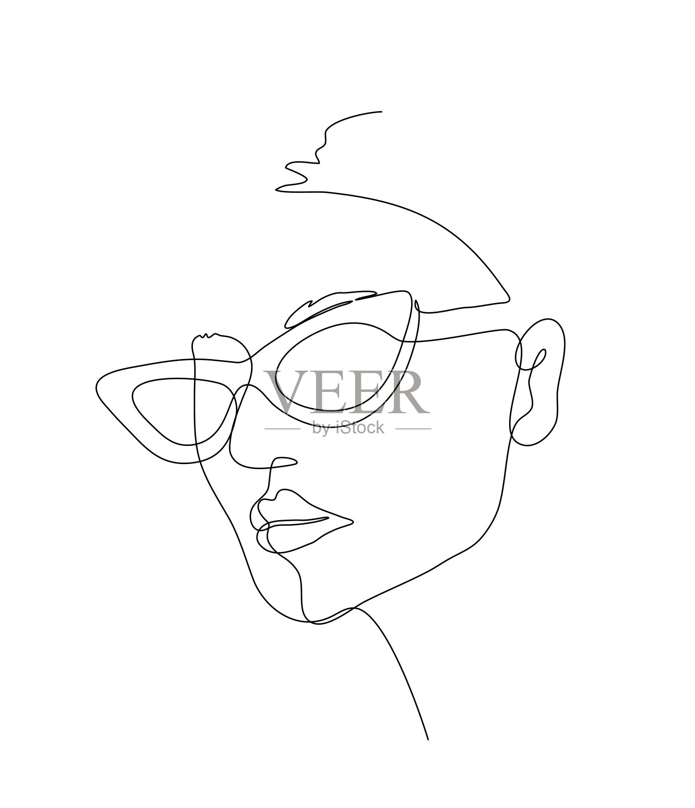 连续线艺术的一个美丽的女人的脸戴猫眼眼镜，可编辑的线艺术矢量插图。插画图片素材