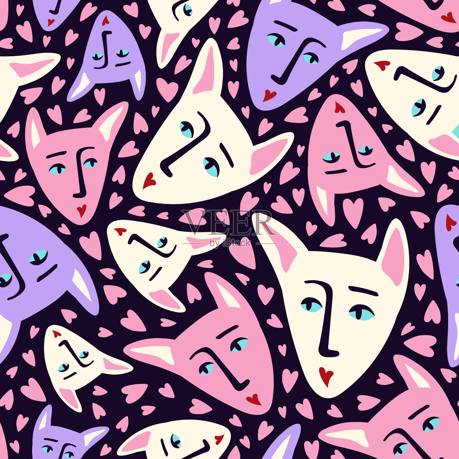 蓝色背景，猫脸图案插画图片素材