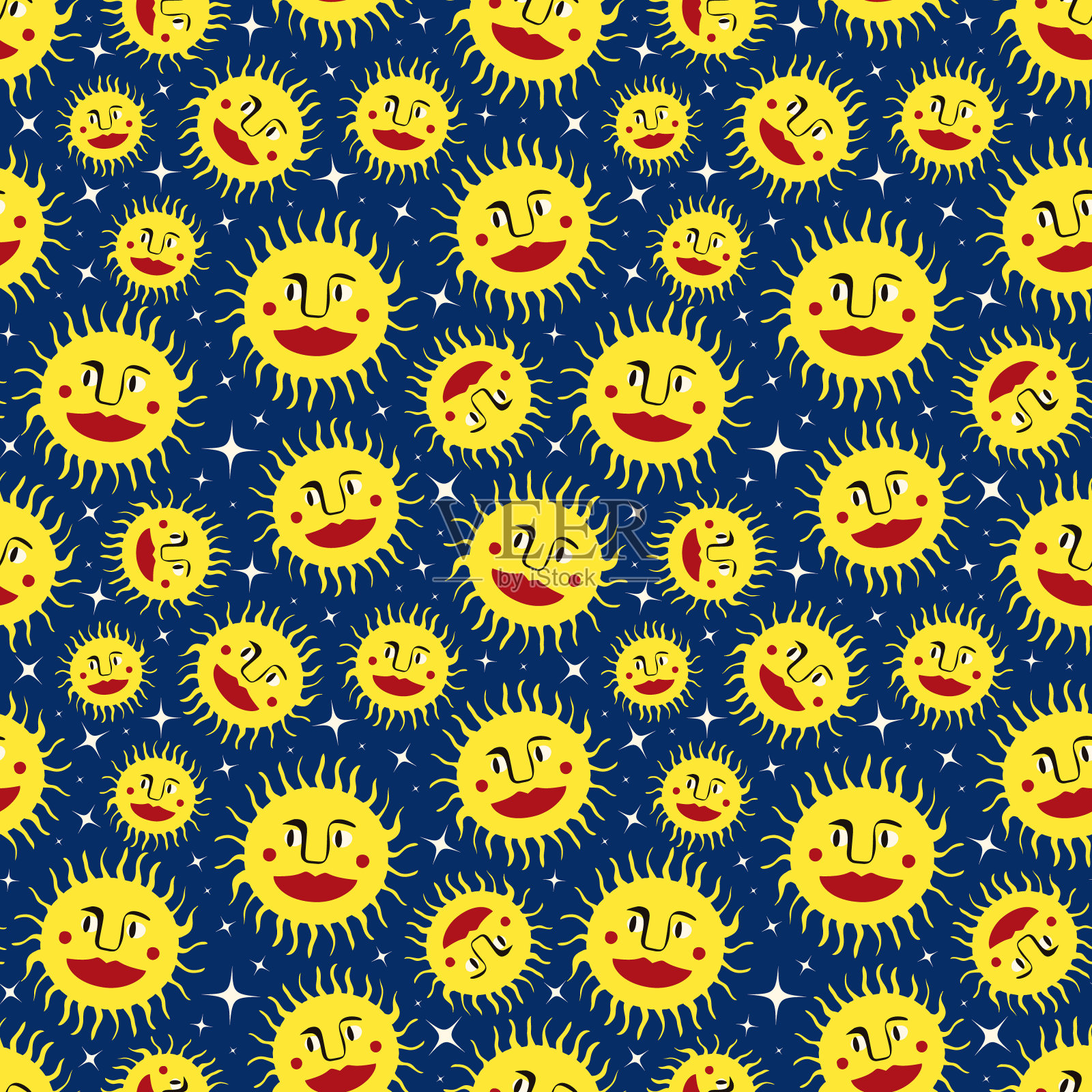 一群黄色的太阳，嘴唇和眼睛都是红色的插画图片素材