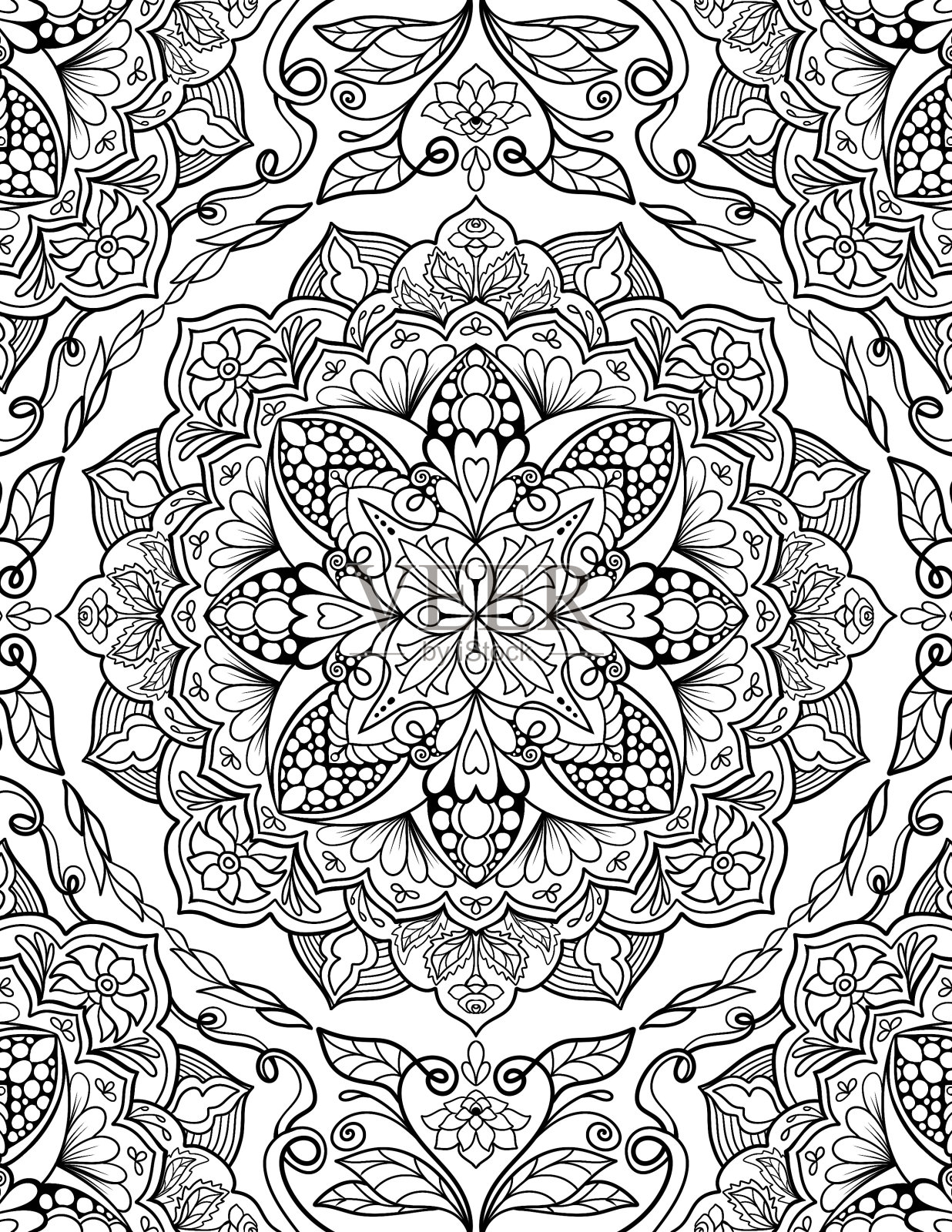 观赏曼陀罗成人涂色书页。Zentangle风格的涂色页。阿拉伯、印度装饰品插画图片素材