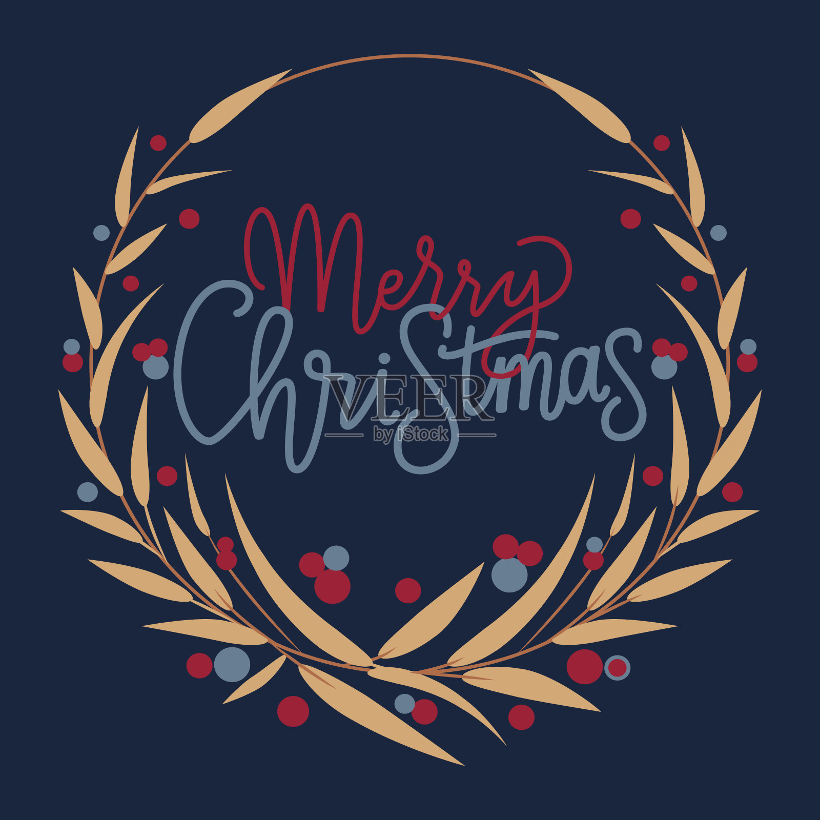 圣诞快乐书法在金色花环在海军背景插画图片素材