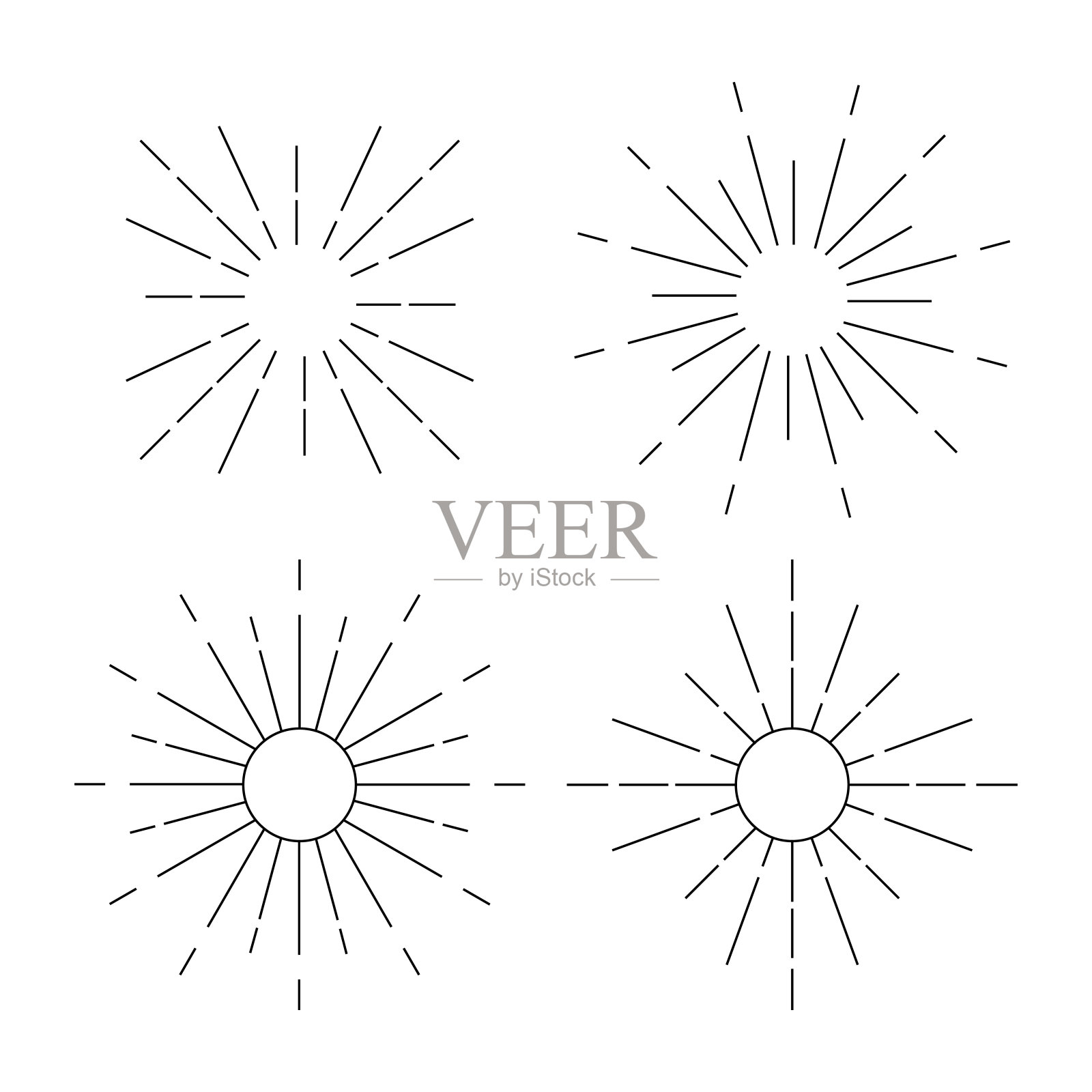 阳光的元素。线条艺术最小的波西米亚太阳。爆裂的阳光。放射状日落光束。太阳爆发的矢量插图。插画图片素材
