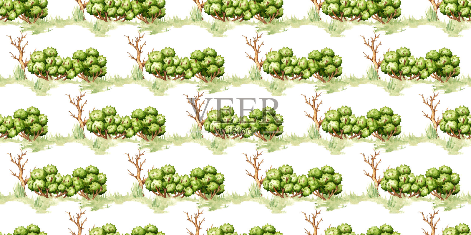 水彩中灌木和草的图案插画图片素材