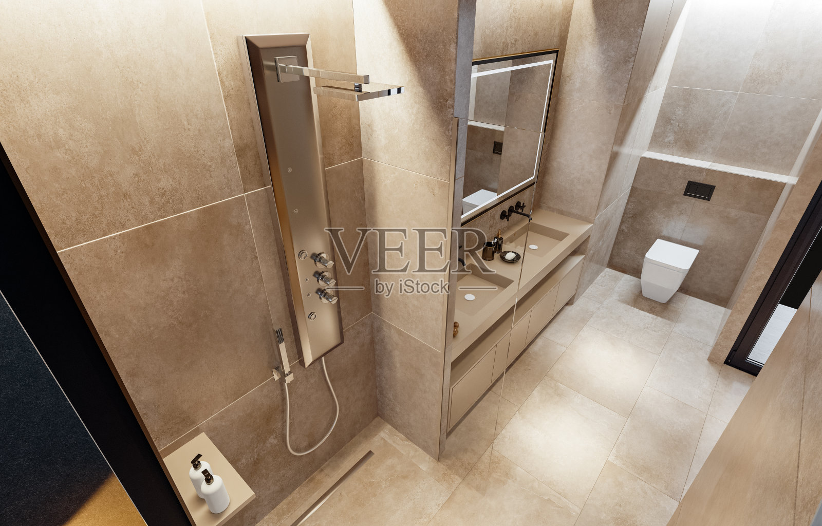 现代豪华风格的主卧室与天然石材瓷砖浴室。照片摄影图片