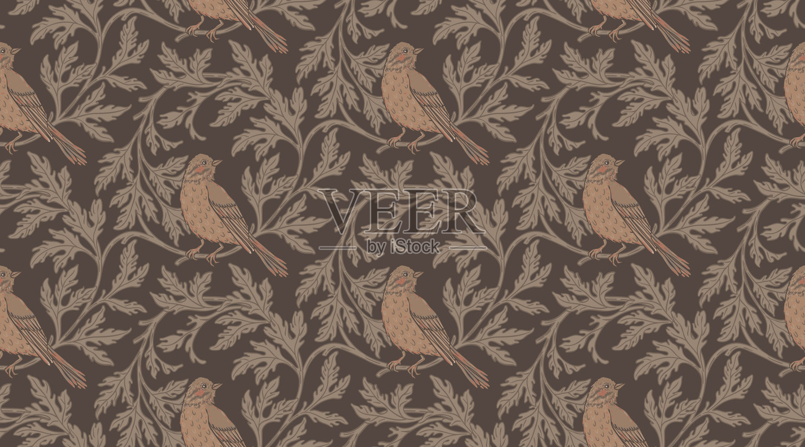 复古风格的无缝图案与花圈和复古壁纸的鸟。魔法复古花。工艺美术运动的启发。设计用于包装纸、墙纸、织物插画图片素材