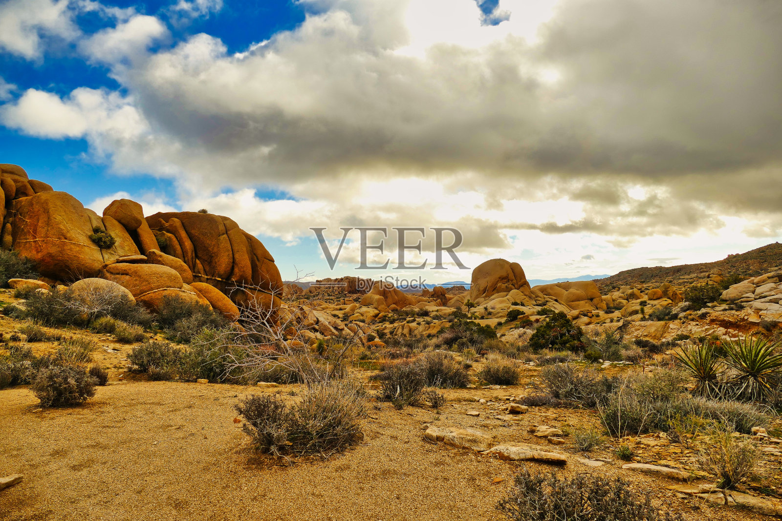 加州约书亚树国家公园Jumbo Rock露营地附近的岩石沙漠景观，有黄色和红色的岩石照片摄影图片