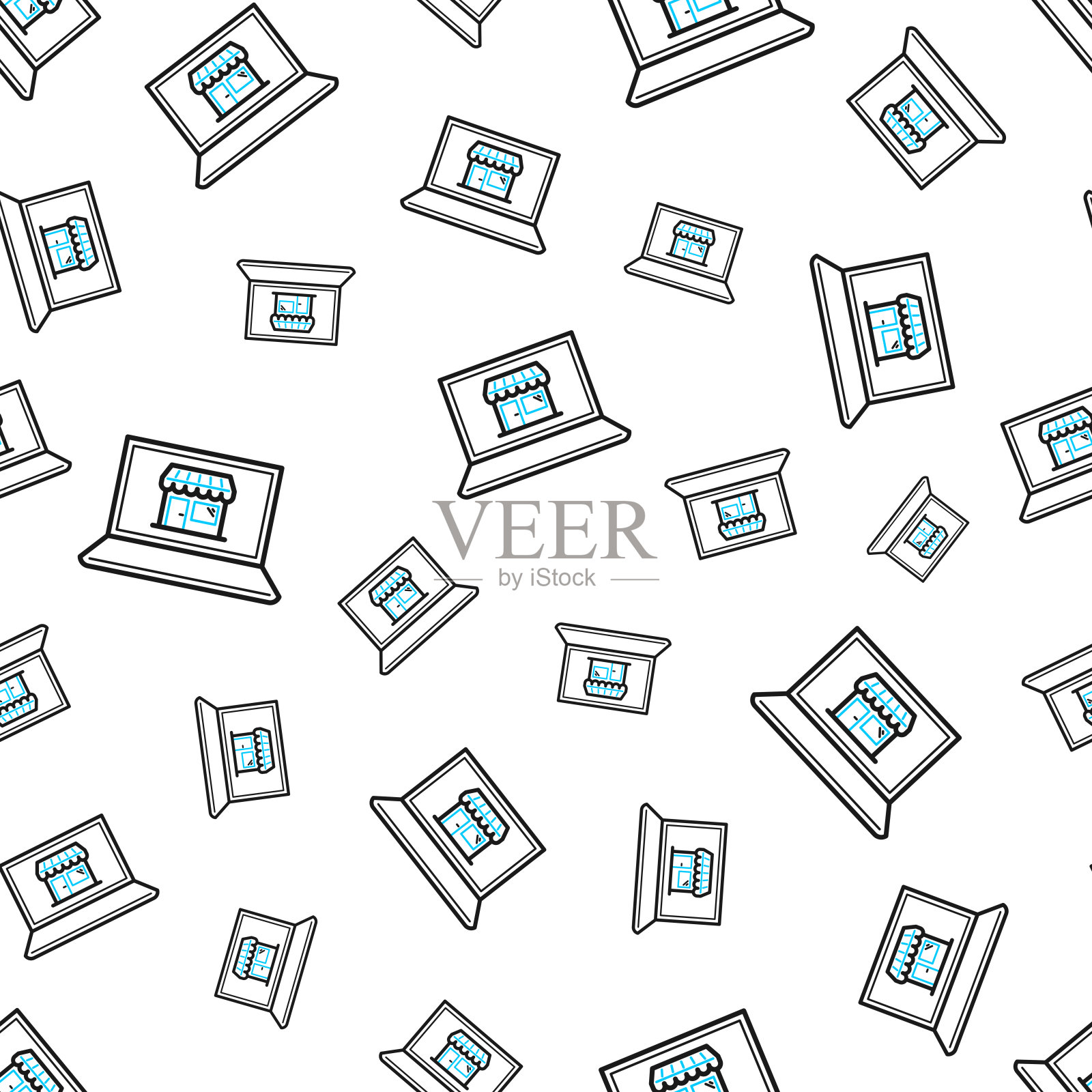 用笔记本电脑上网购物。无缝模式。白色背景上的线条图标插画图片素材