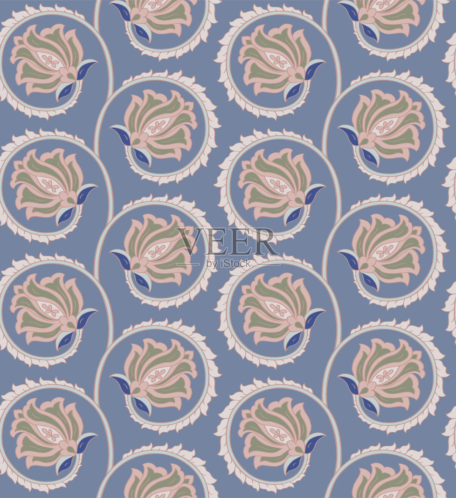 蓝色图案与风格化的花朵。插画图片素材