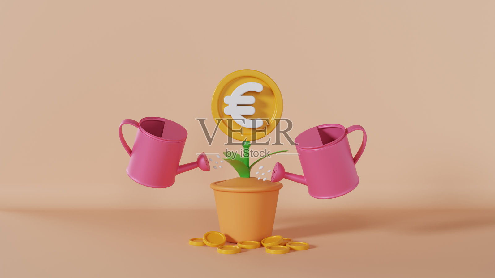 金融堆栈欧元硬币增长投资业务与树在柔和的颜色背景照片摄影图片