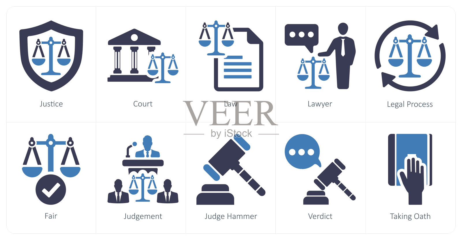 10个司法图标集：公正、法庭、法律插画图片素材
