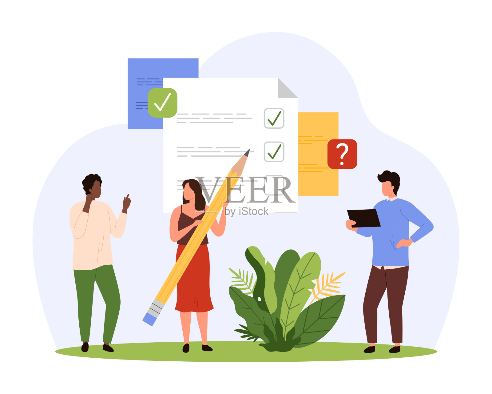 清单调查，笔记和提醒，小人拿着铅笔在清单上打勾插画图片素材