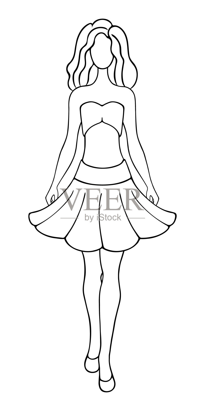 穿着夏装的女孩。草图。漂亮的女士穿着一件抹胸短上衣和一件大喇叭裙插画图片素材