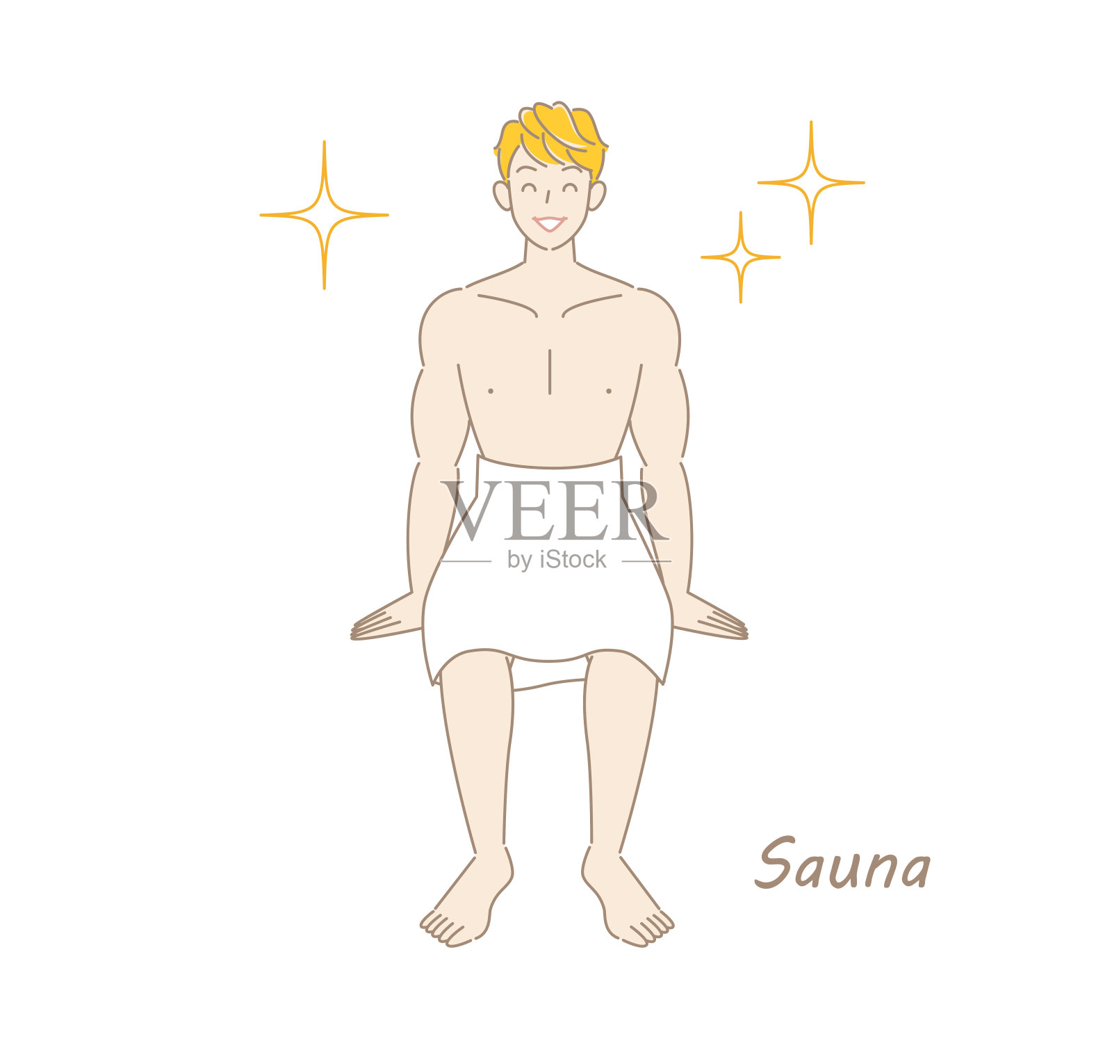 一个喜欢桑拿的清爽男人，在桑拿浴室里可以让他的身心焕然一新，光芒四射。桑拿的人。简单的插图矢量。插画图片素材