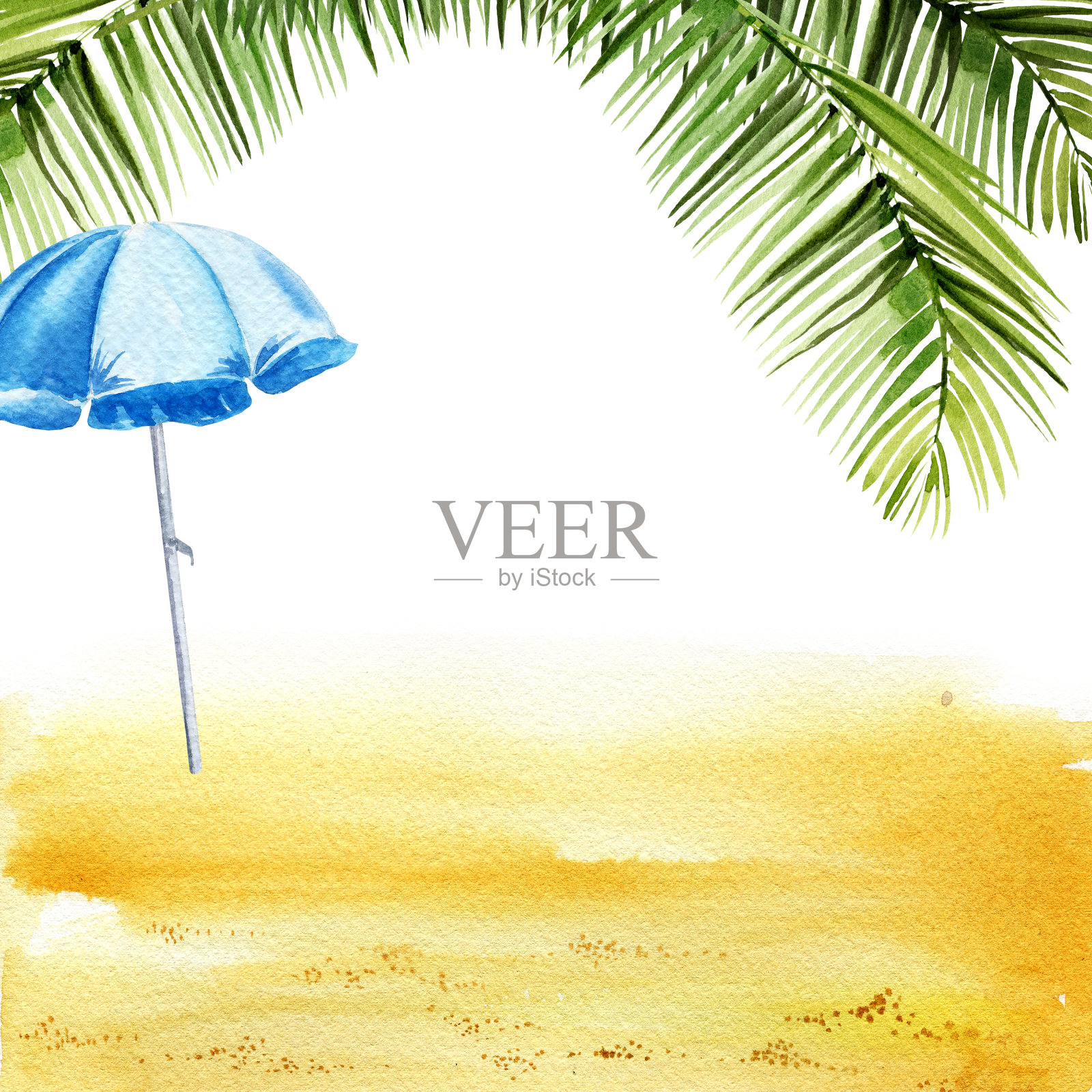 夏季主题的水彩插图，蓝色的沙滩伞，沙滩上的阳伞，白色的背景，绿色的热带棕榈叶，假日和度假的概念，旅游插图，为旅游博客插画图片素材