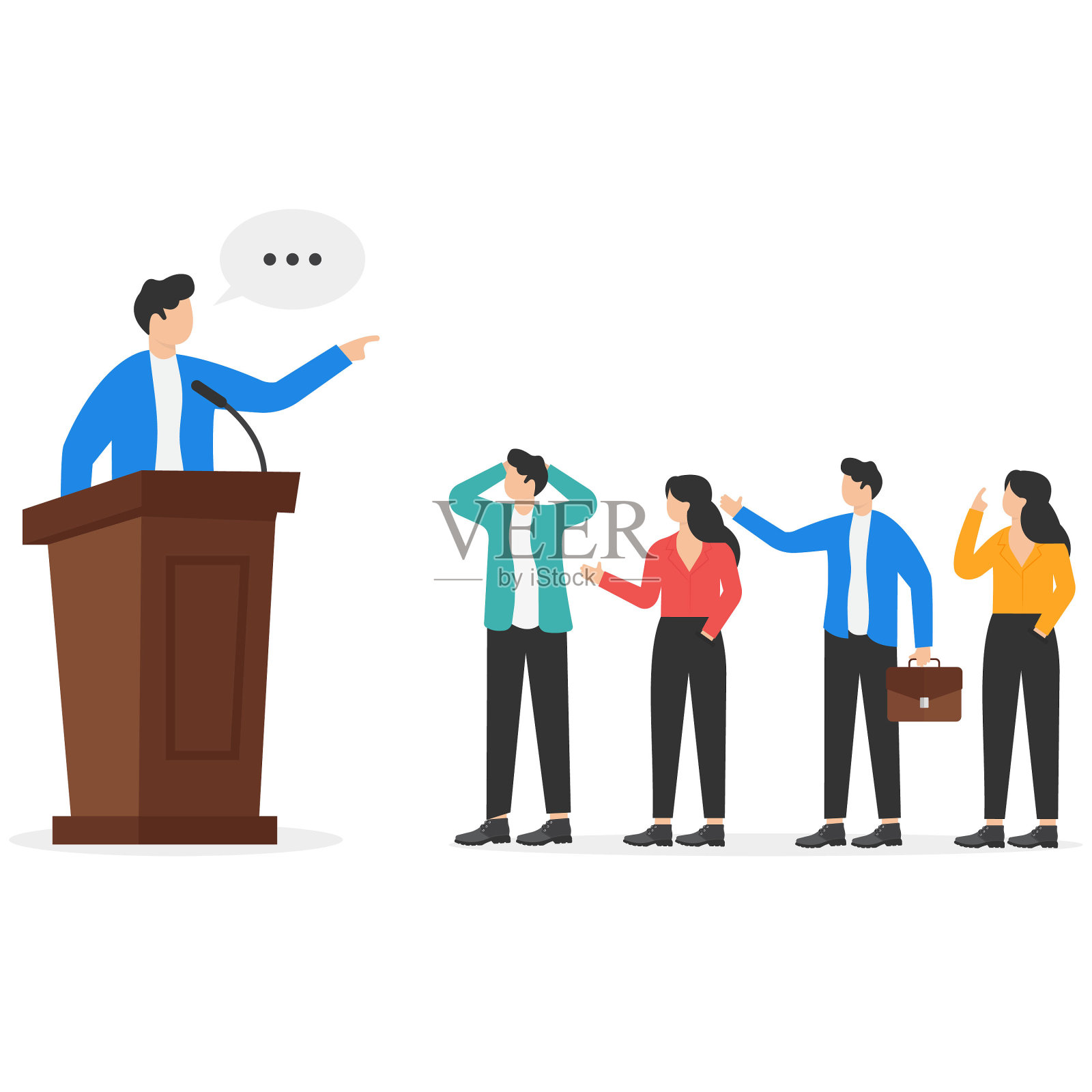 思想领袖，指导公司方向的CEO或高管职位，领导企业前进或指导方向概念，自信的商人领袖指点同事跟随。插画图片素材